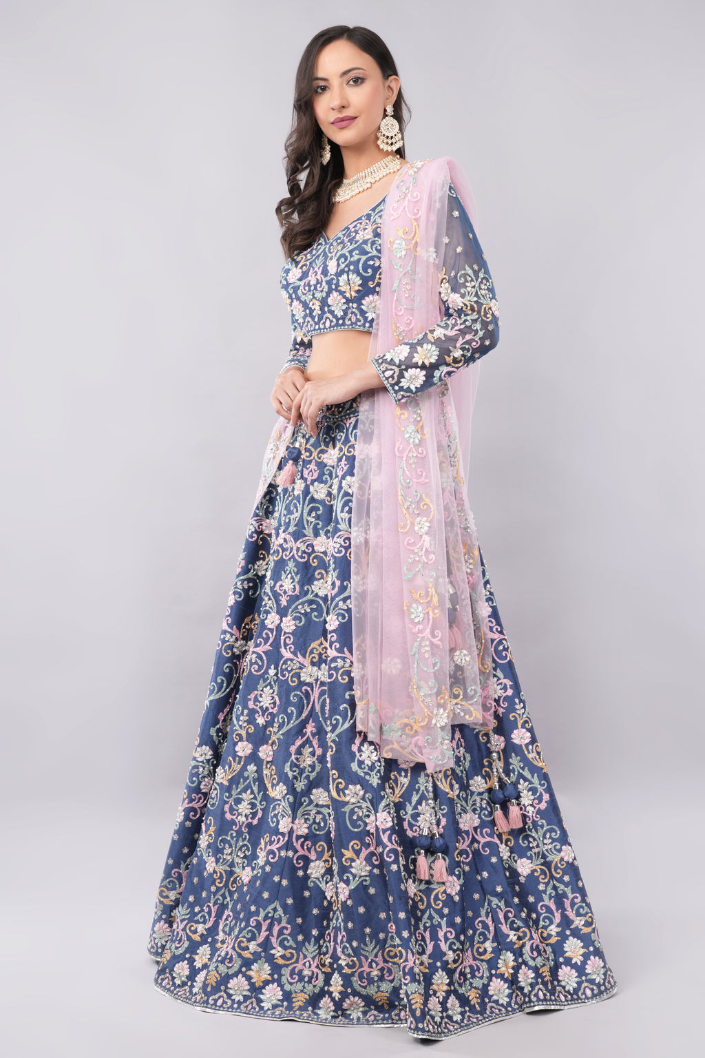 Gorgeous blue color silk lehenga designed with multi color