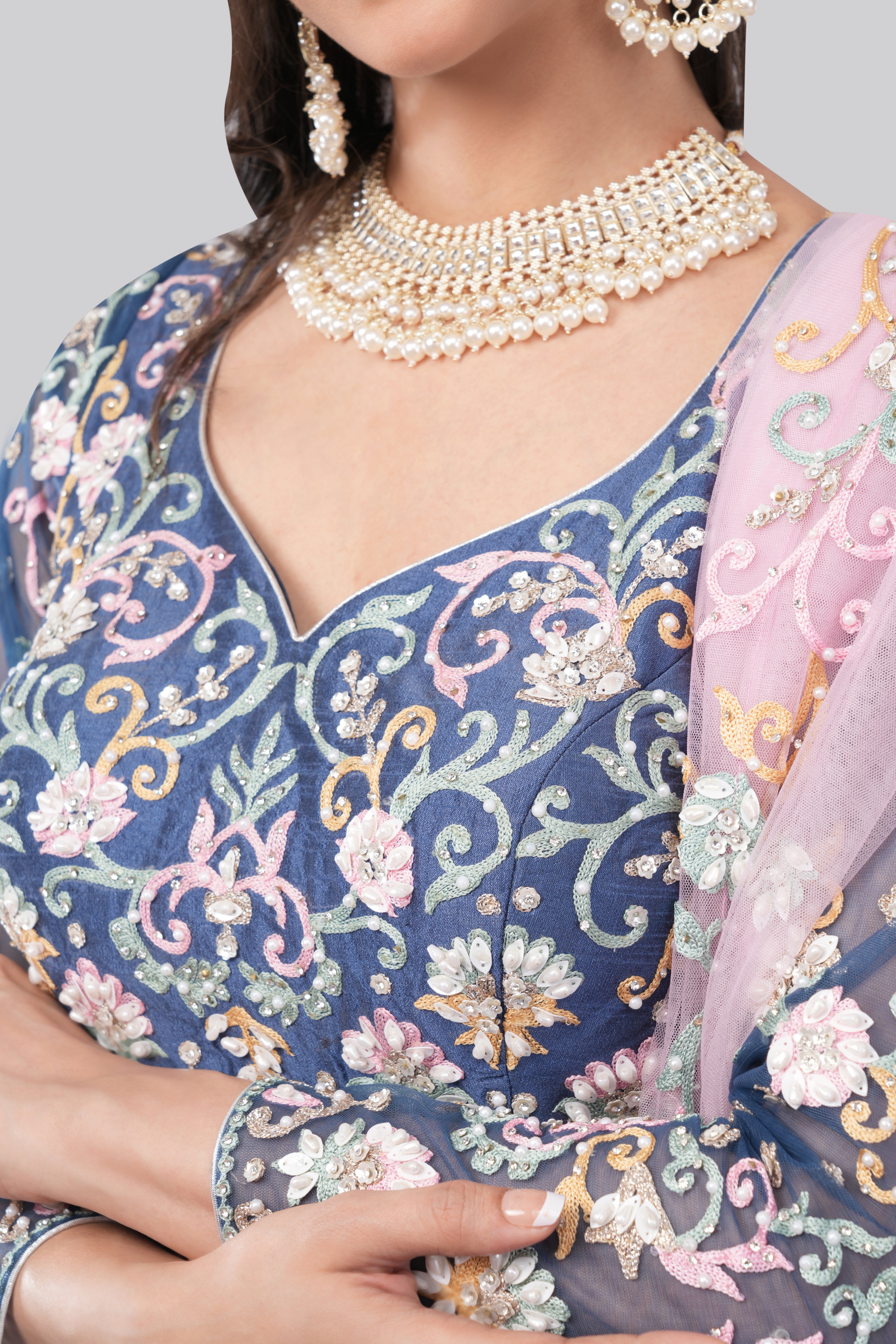 Gorgeous blue color silk lehenga designed with multi color