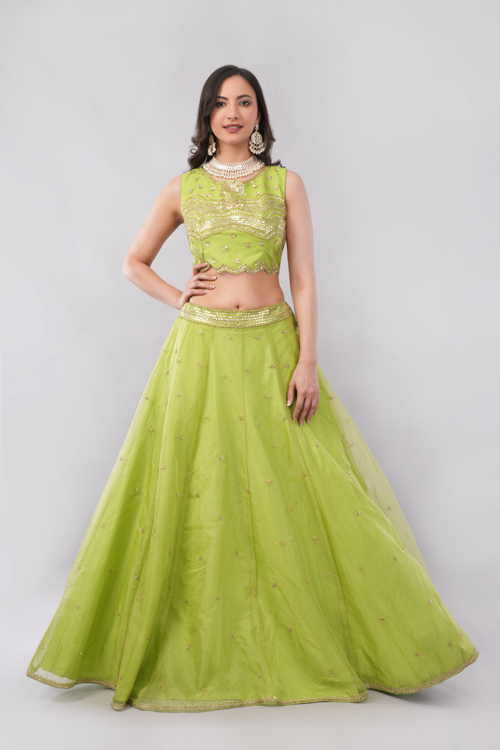 Lime green net lehenga