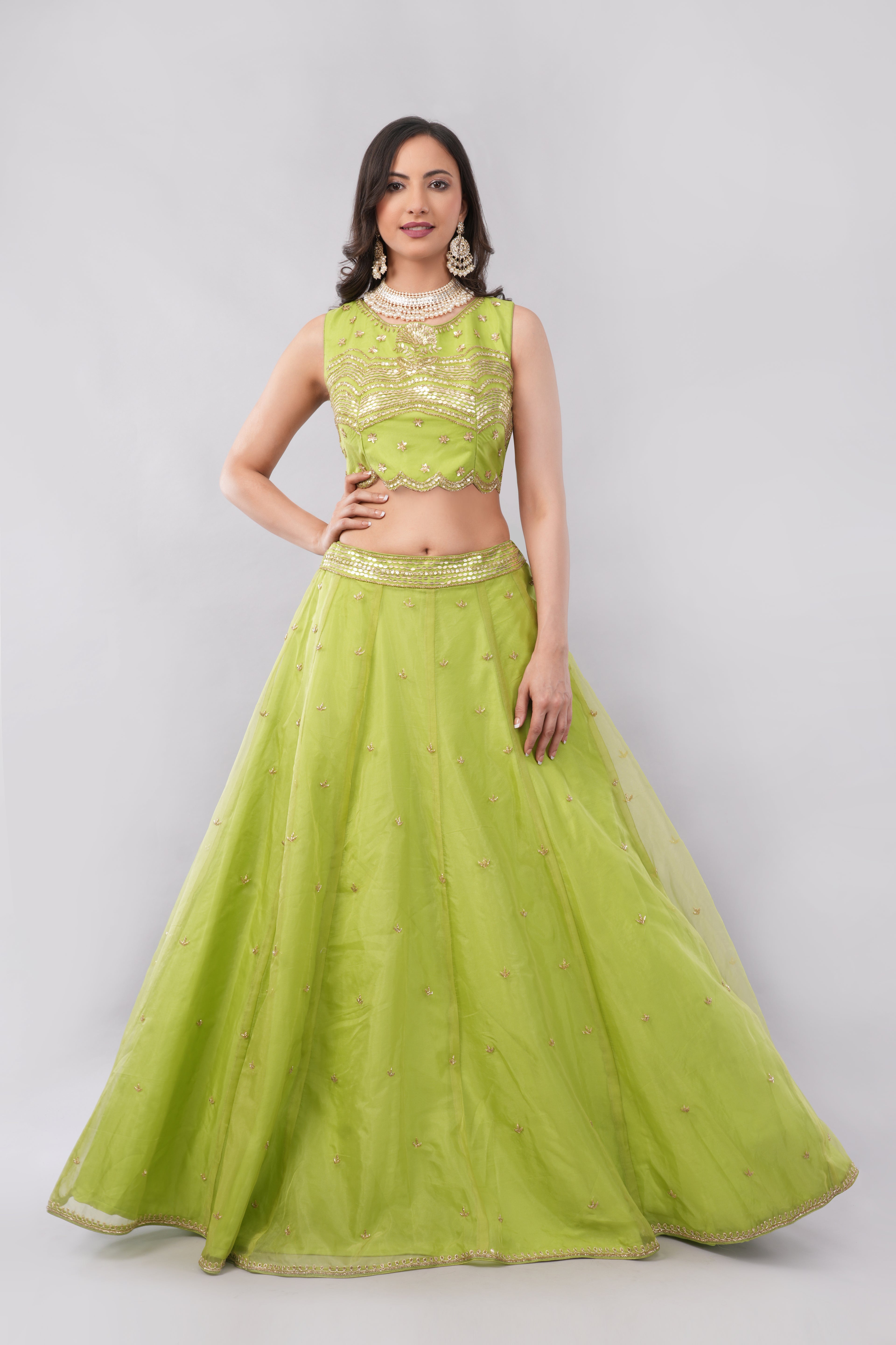 Lime green net lehenga