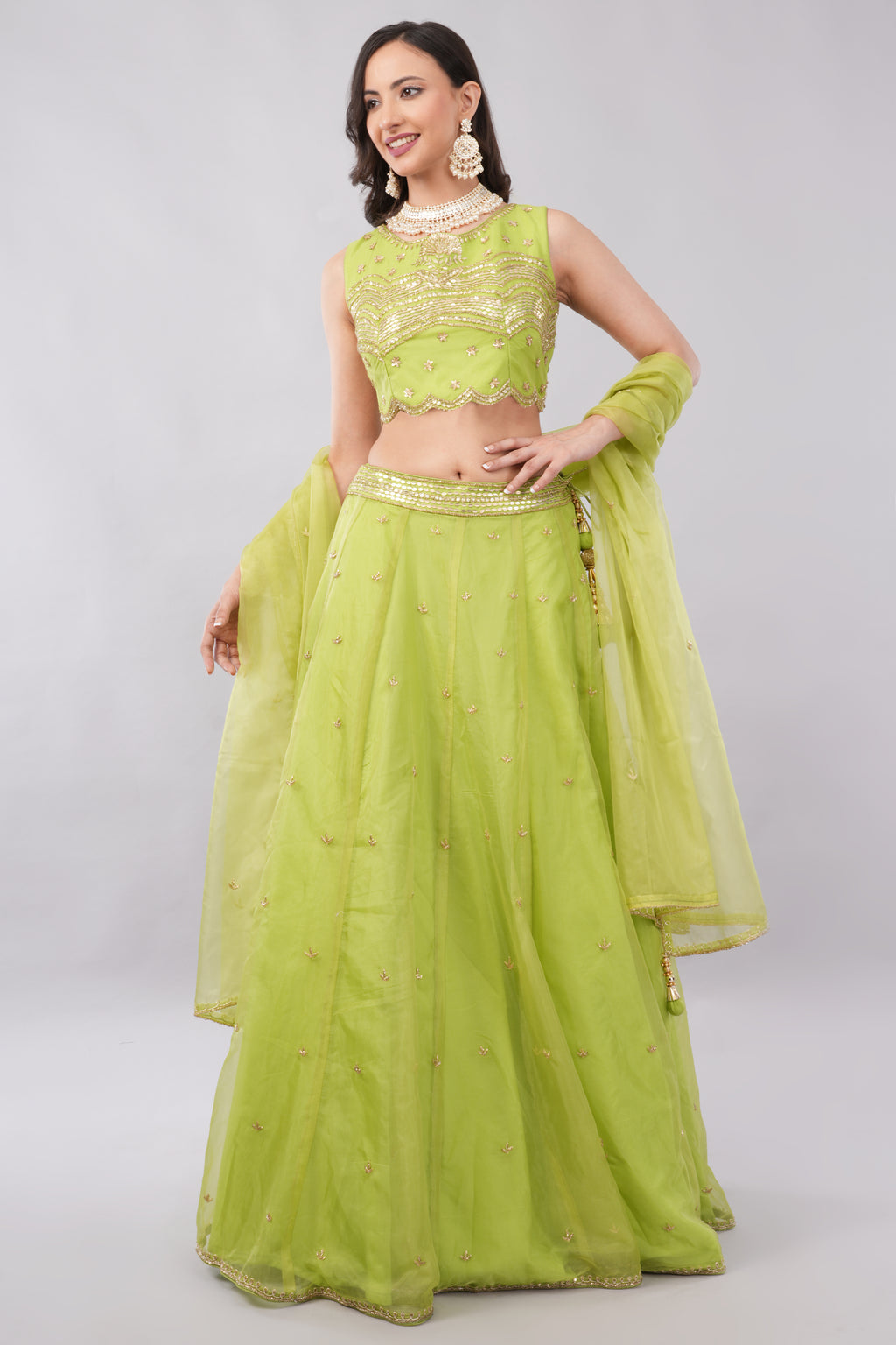 Lime green net lehenga