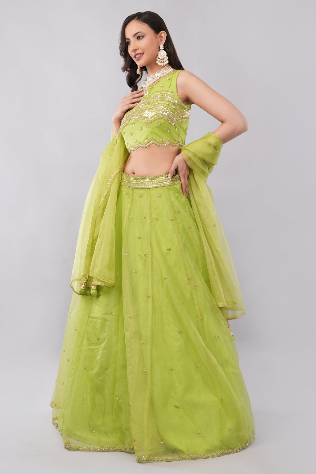Lime green net lehenga