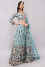 Luxury Aqua Blue Embroidered Lehenga Set with Multicolor Threadwork & Dupatta