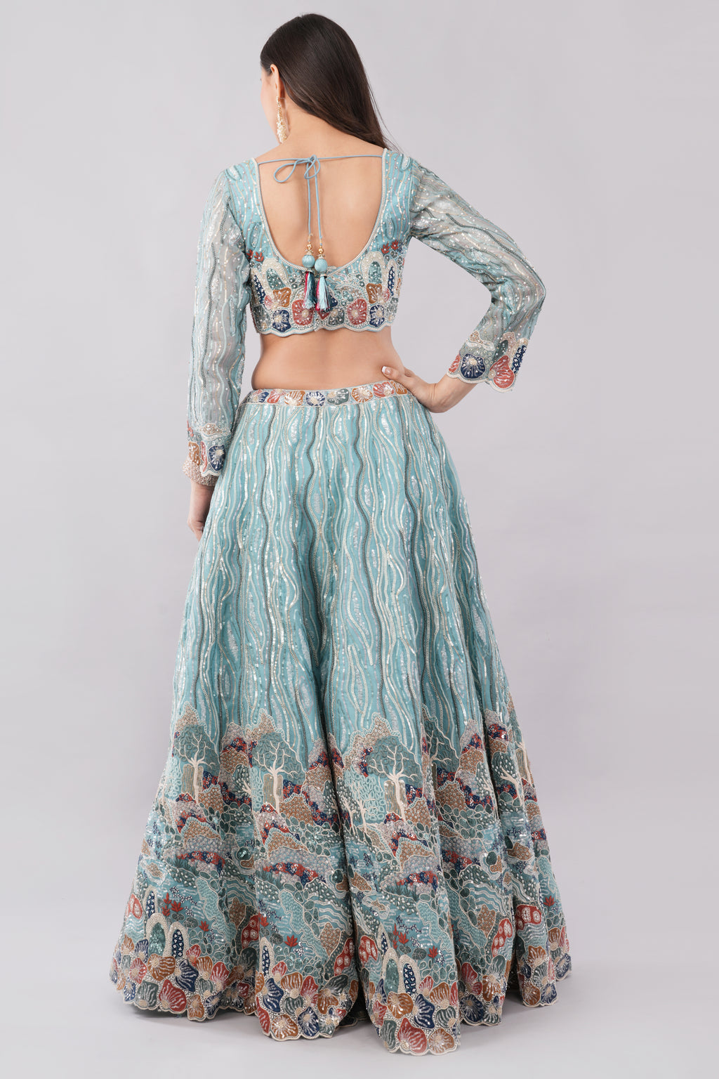 Luxury Aqua Blue Embroidered Lehenga Set with Multicolor Threadwork & Dupatta