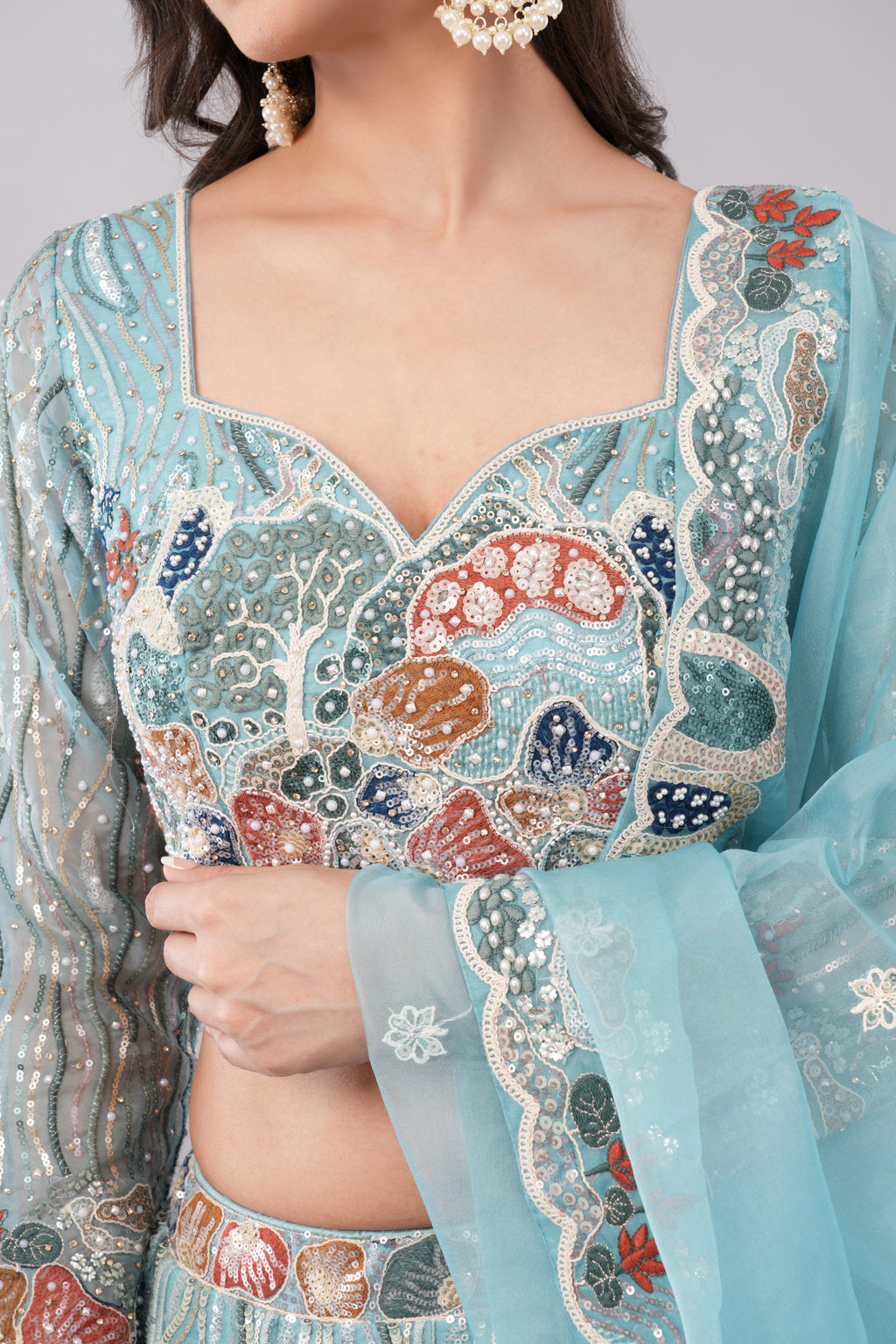 Luxury Aqua Blue Embroidered Lehenga Set with Multicolor Threadwork & Dupatta