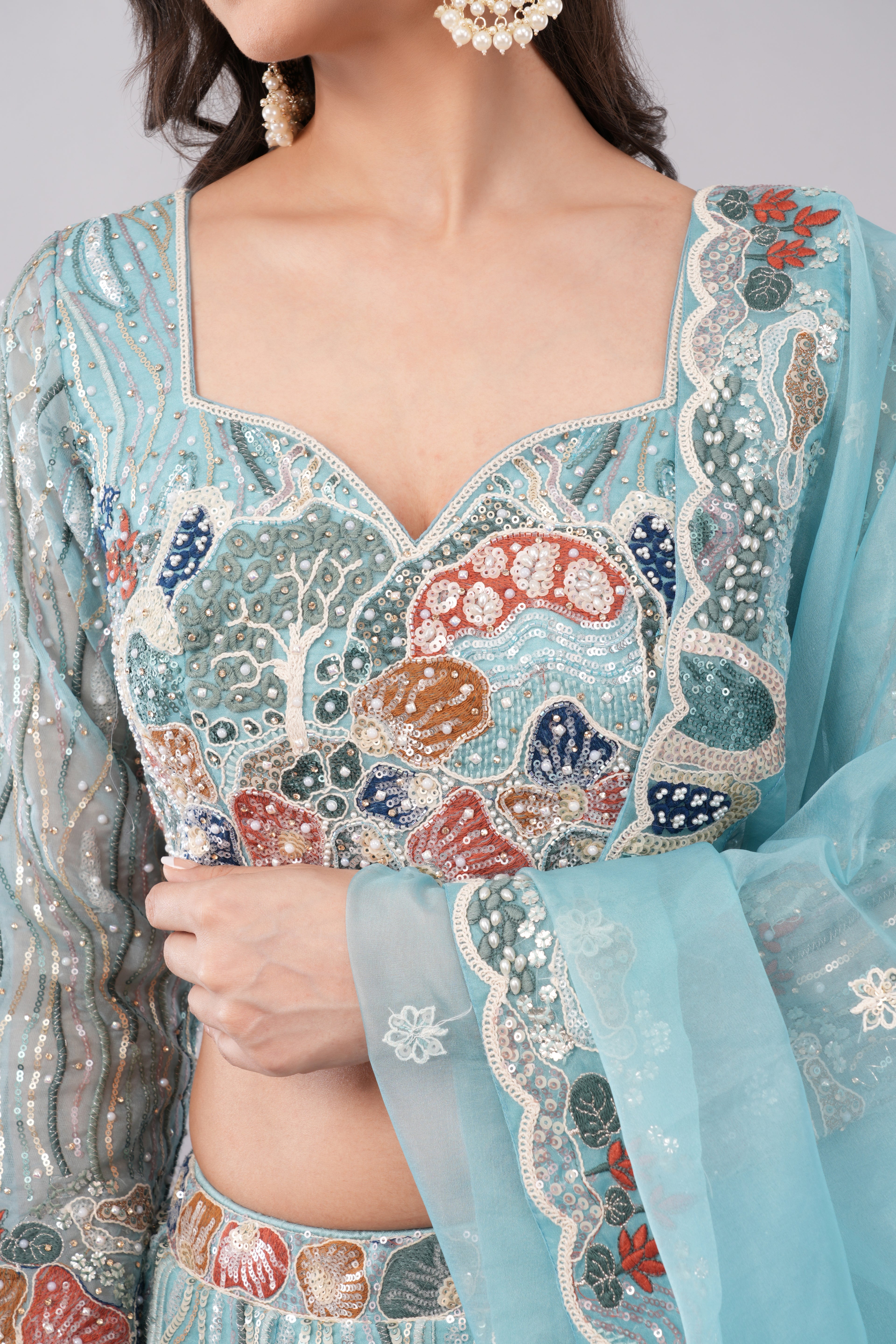 Luxury Aqua Blue Embroidered Lehenga Set with Multicolor Threadwork & Dupatta