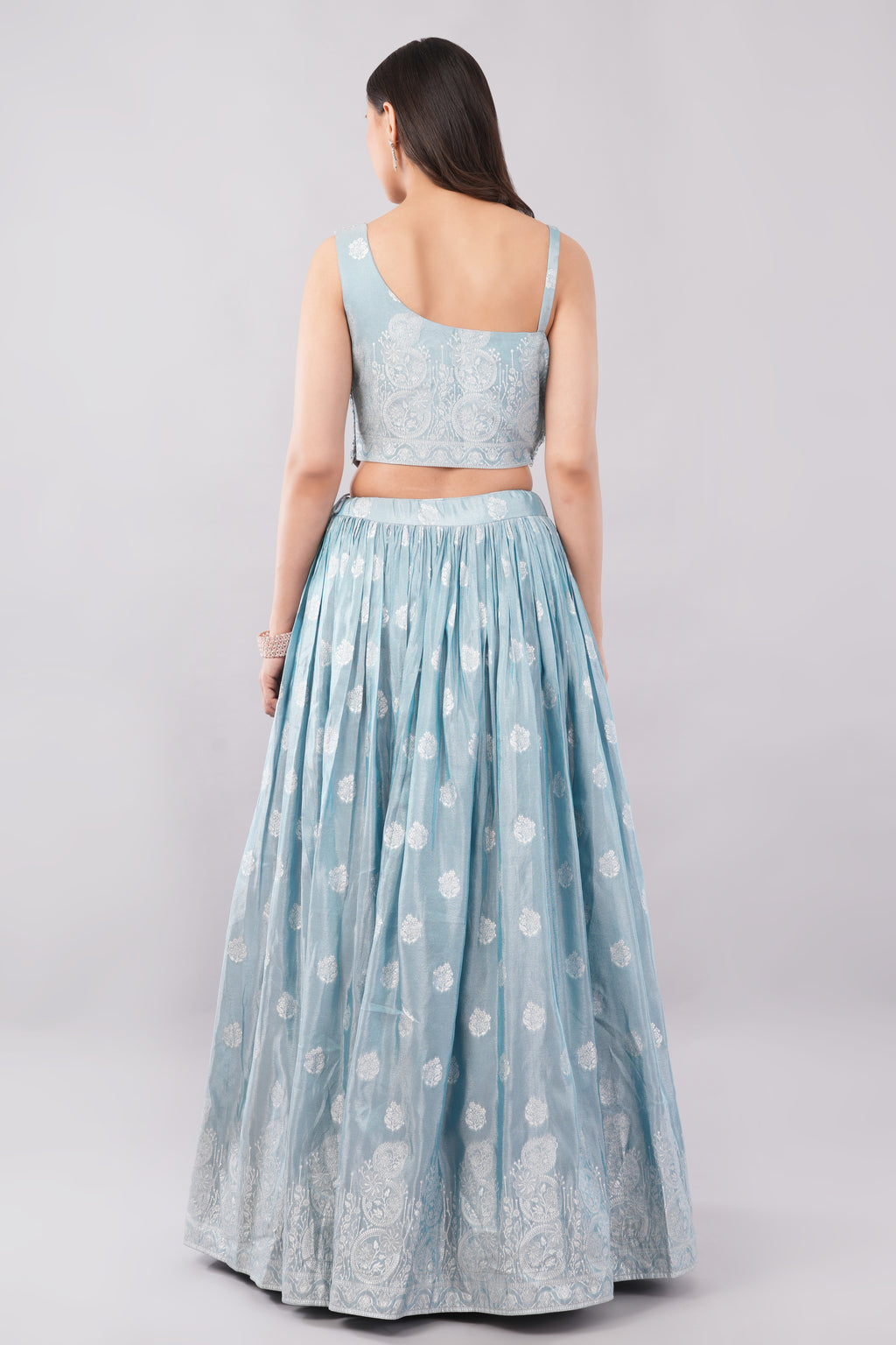 Elegant Powder Blue Embroidered Lehenga Set with Sheer Dupatta