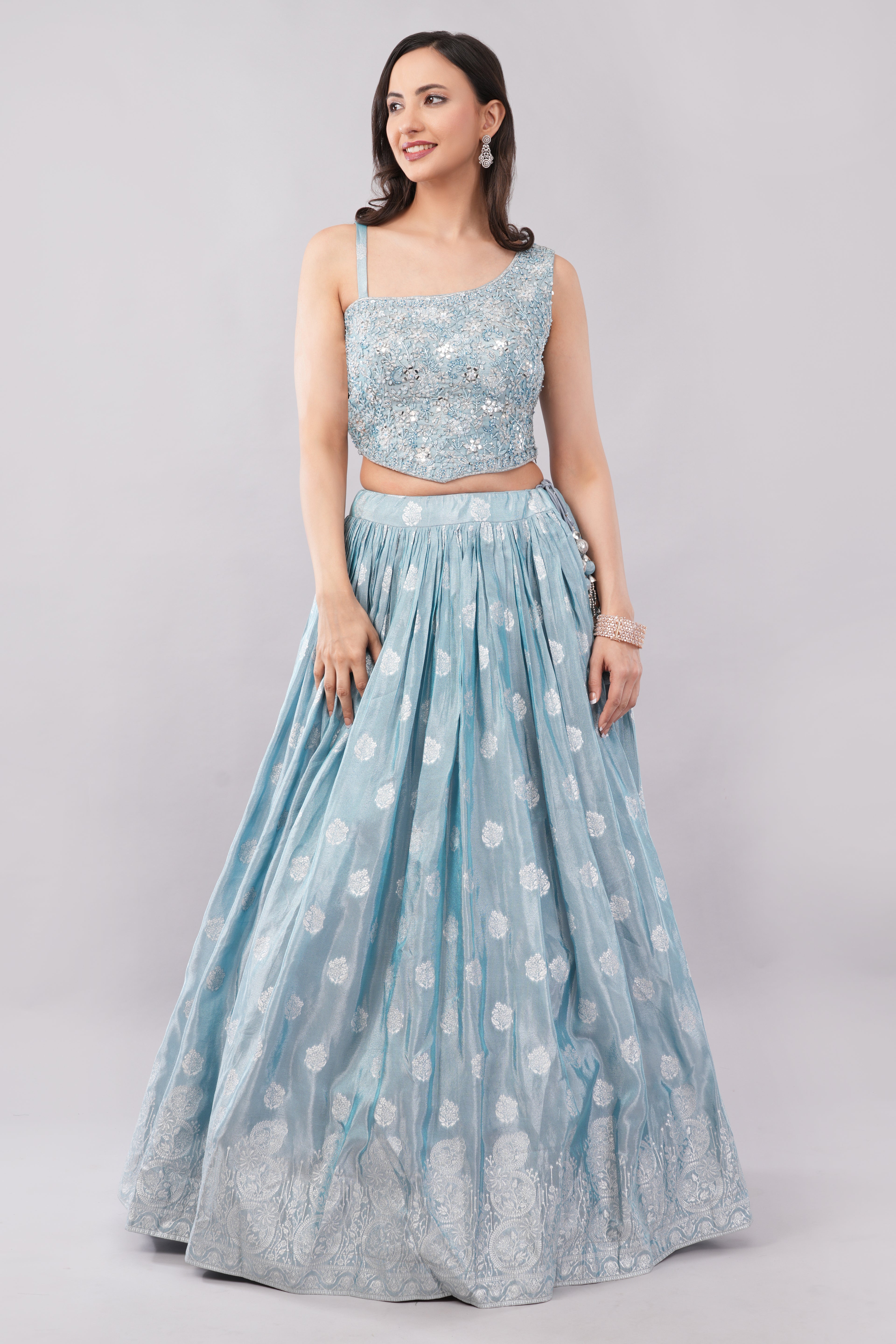 Elegant Powder Blue Embroidered Lehenga Set with Sheer Dupatta