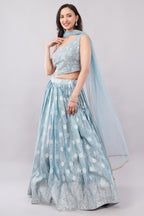 Elegant Powder Blue Embroidered Lehenga Set with Sheer Dupatta