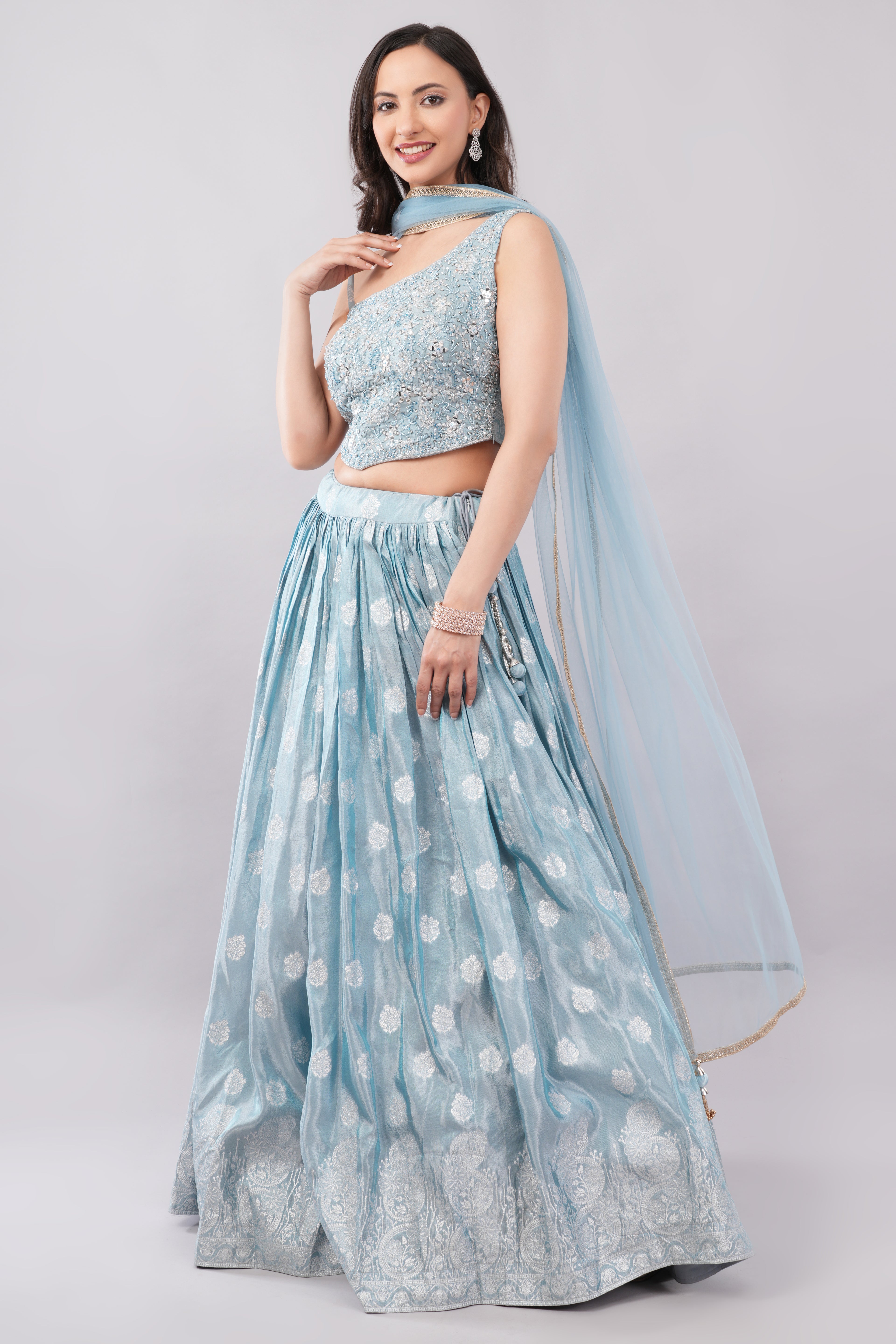 Elegant Powder Blue Embroidered Lehenga Set with Sheer Dupatta