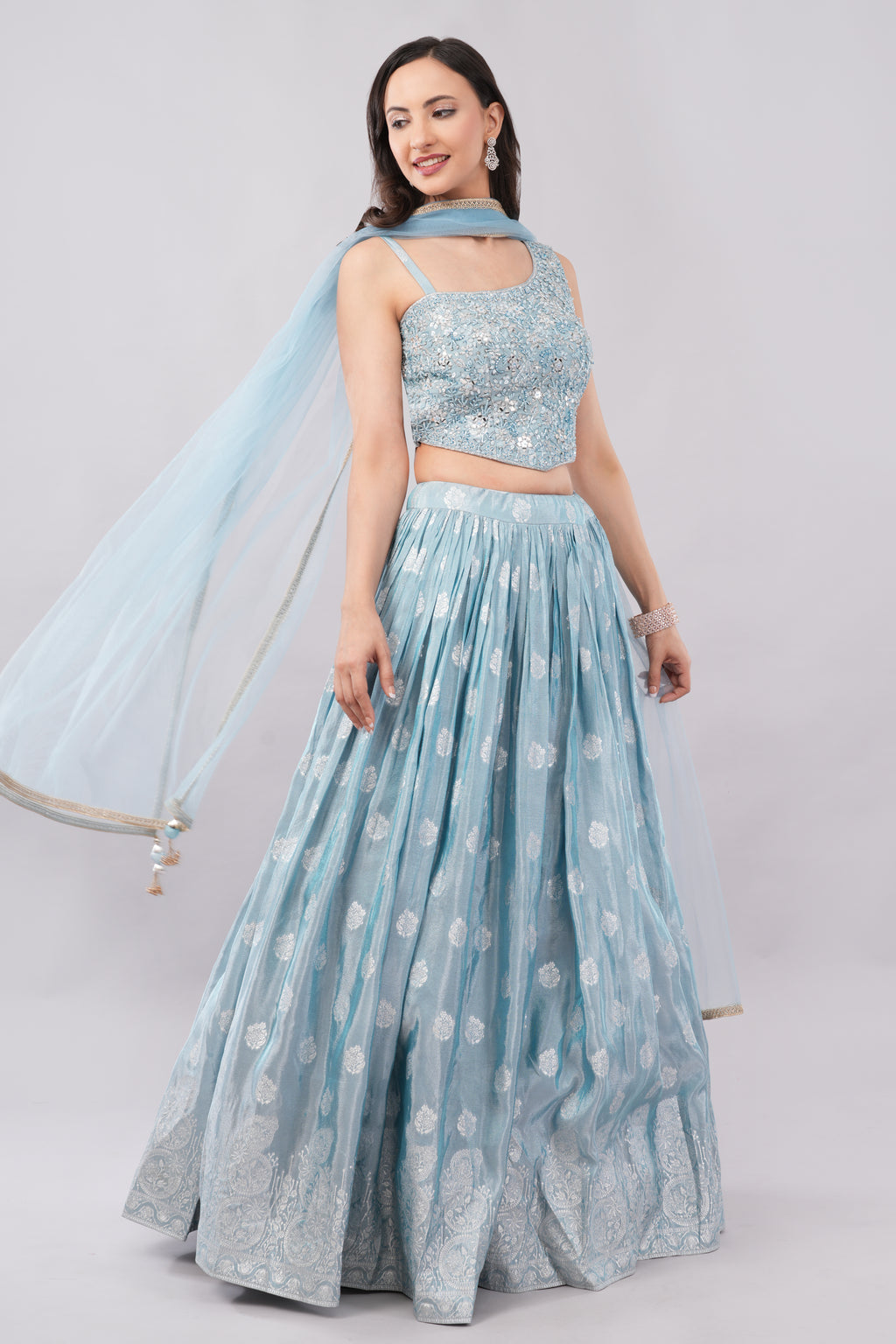 Elegant Powder Blue Embroidered Lehenga Set with Sheer Dupatta