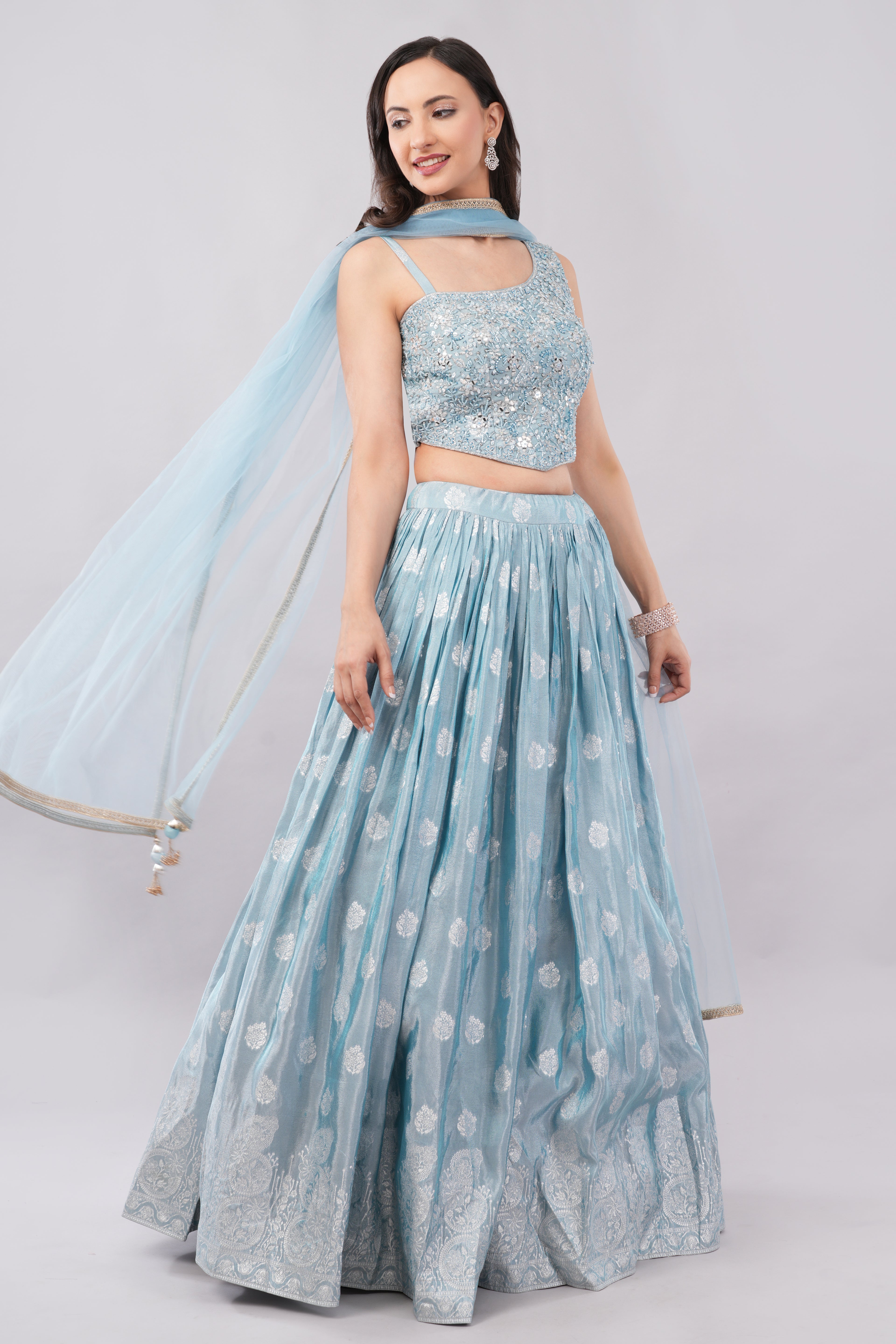 Elegant Powder Blue Embroidered Lehenga Set with Sheer Dupatta