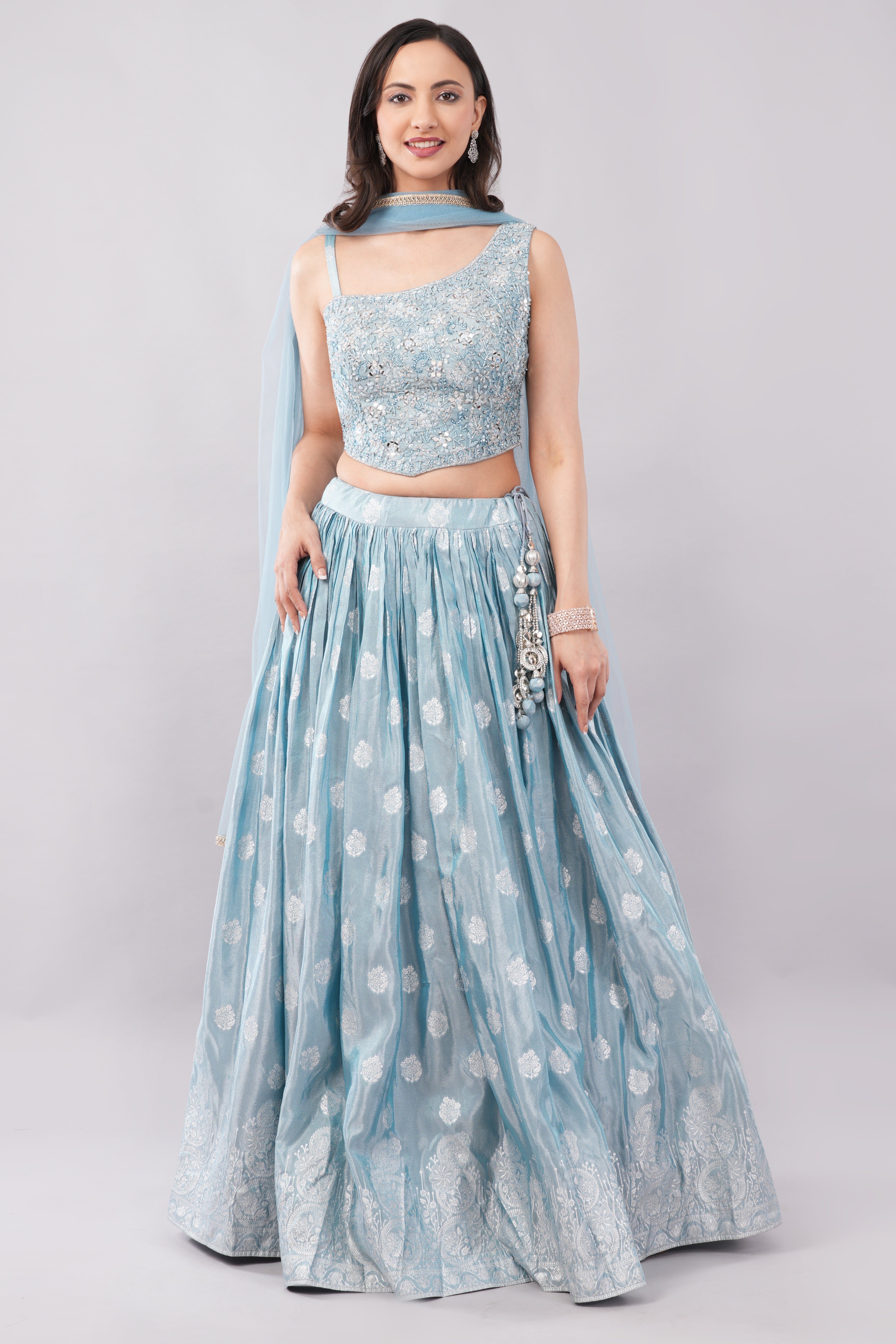 Sky blue color silk lehenga With choli (blouse) and matching dupatta Main image