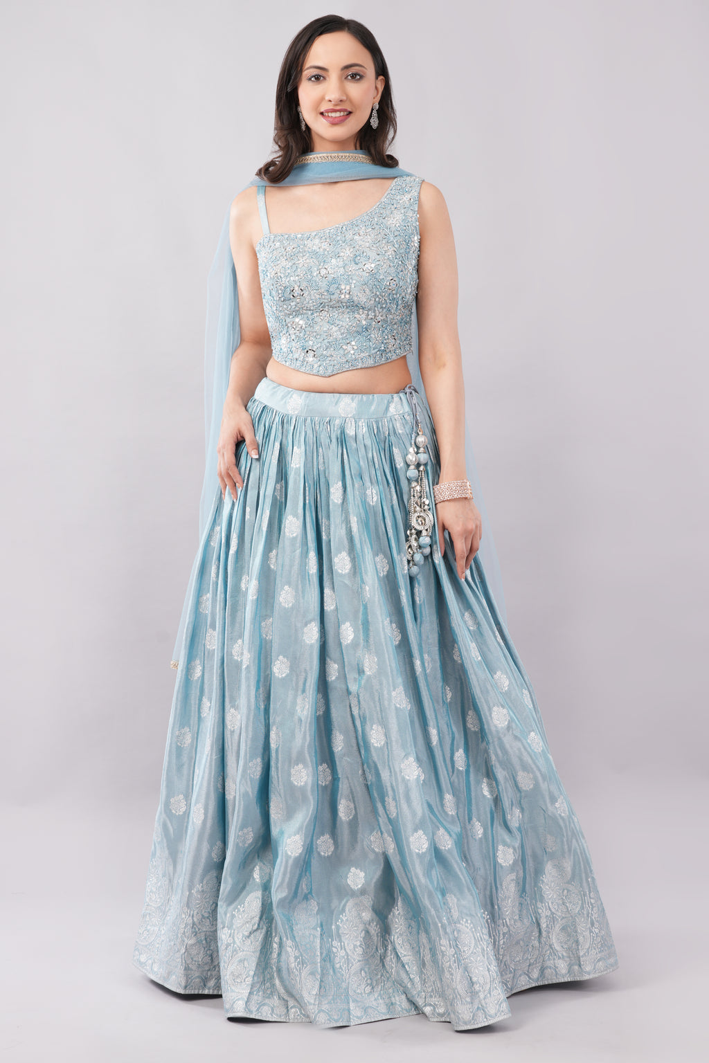 Elegant Powder Blue Embroidered Lehenga Set with Sheer Dupatta