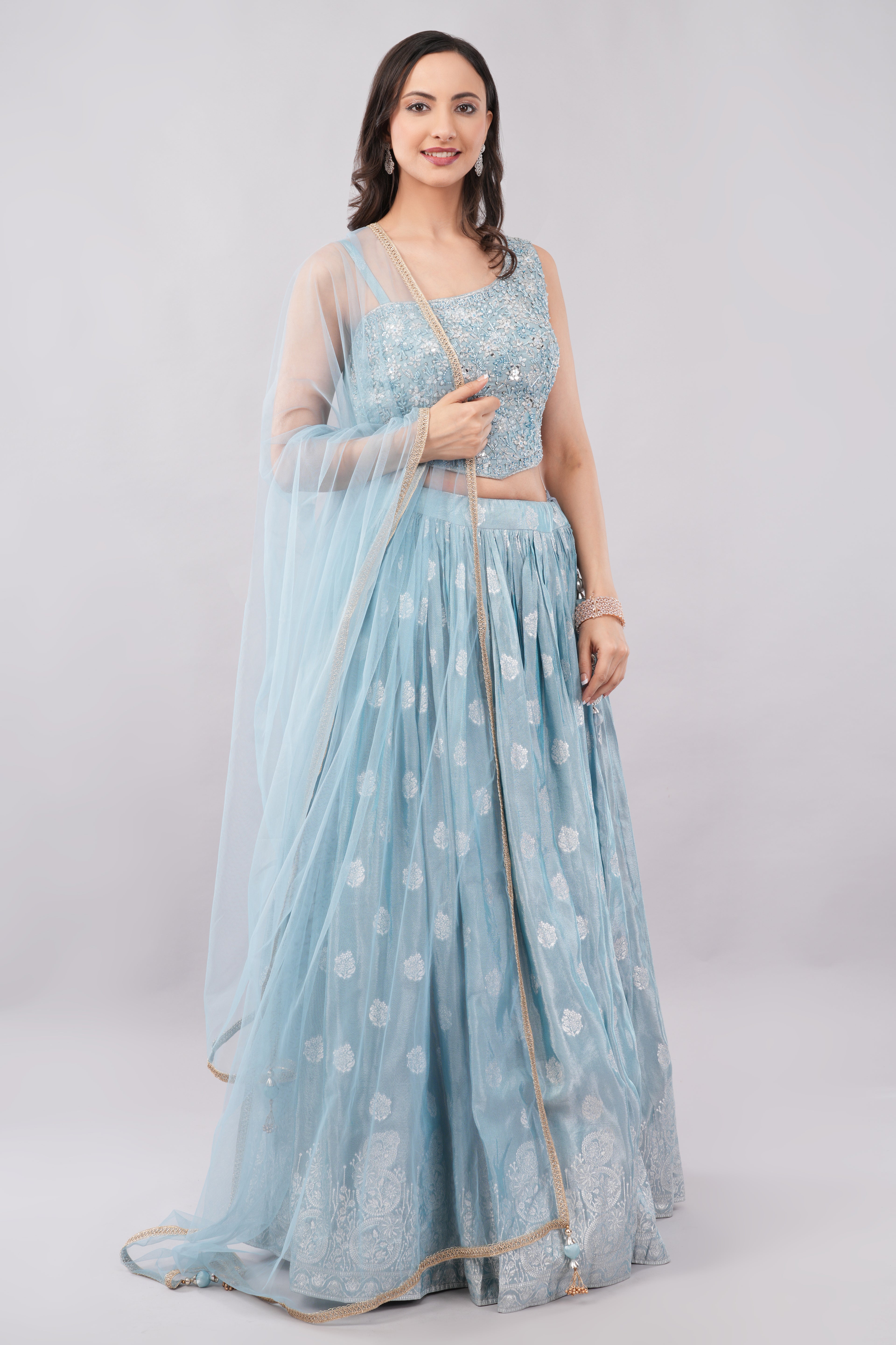 Elegant Powder Blue Embroidered Lehenga Set with Sheer Dupatta