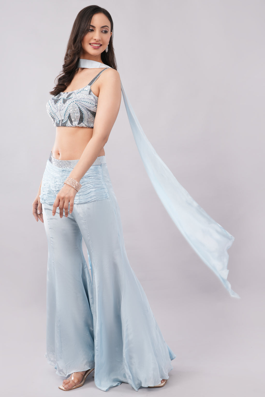 Light Auqa and Grey Combination Blouse Georgette Palazzo Suit for Women