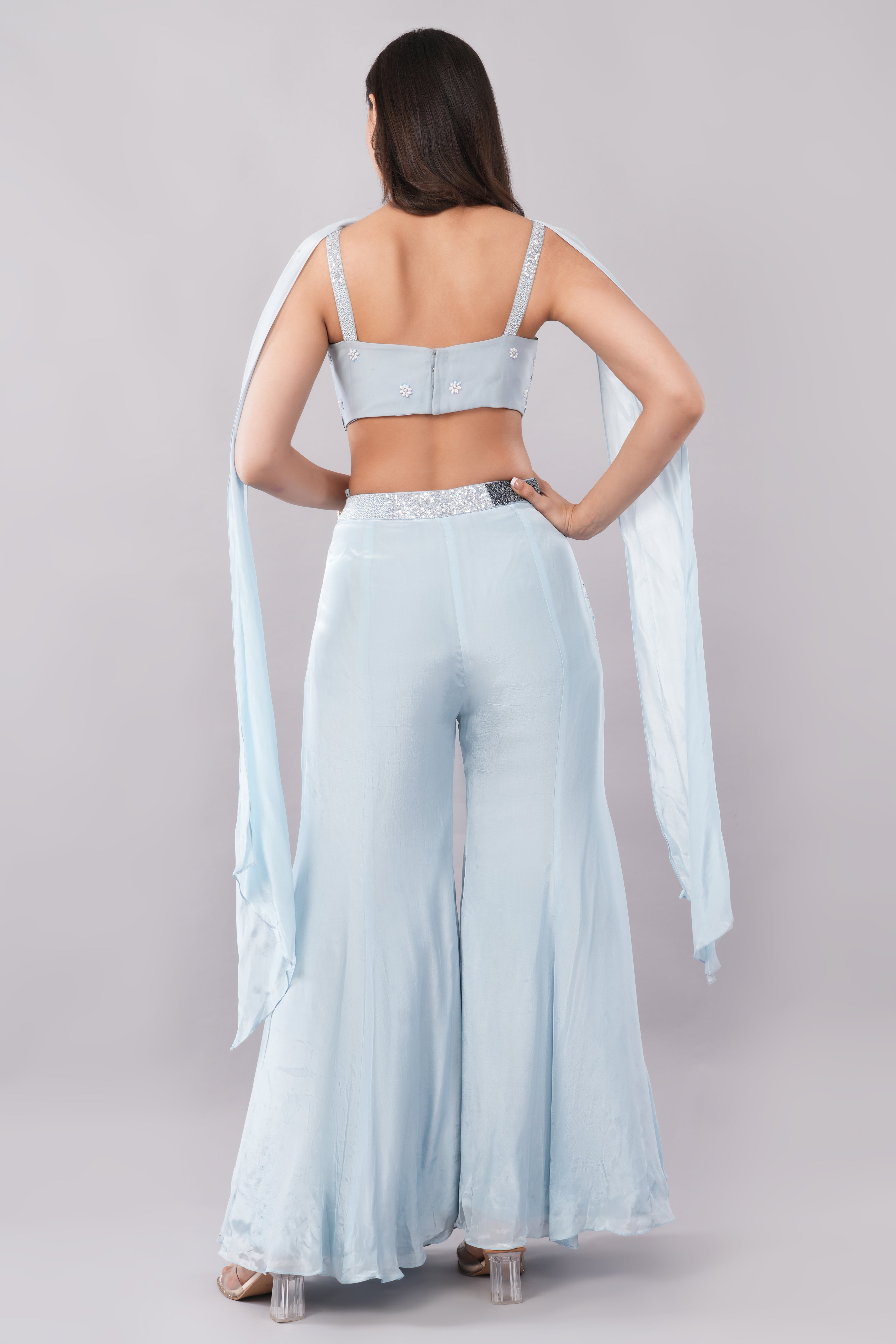 Light Auqa and Grey Combination Blouse Georgette Palazzo Suit for Women