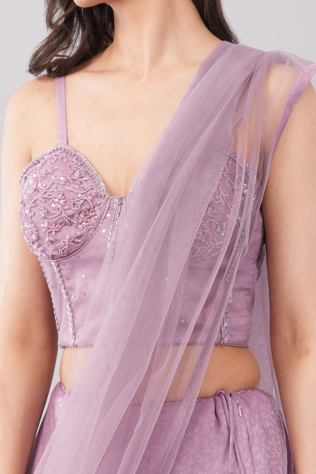 Elegant soft purple tissue lehenga with matching dupatta