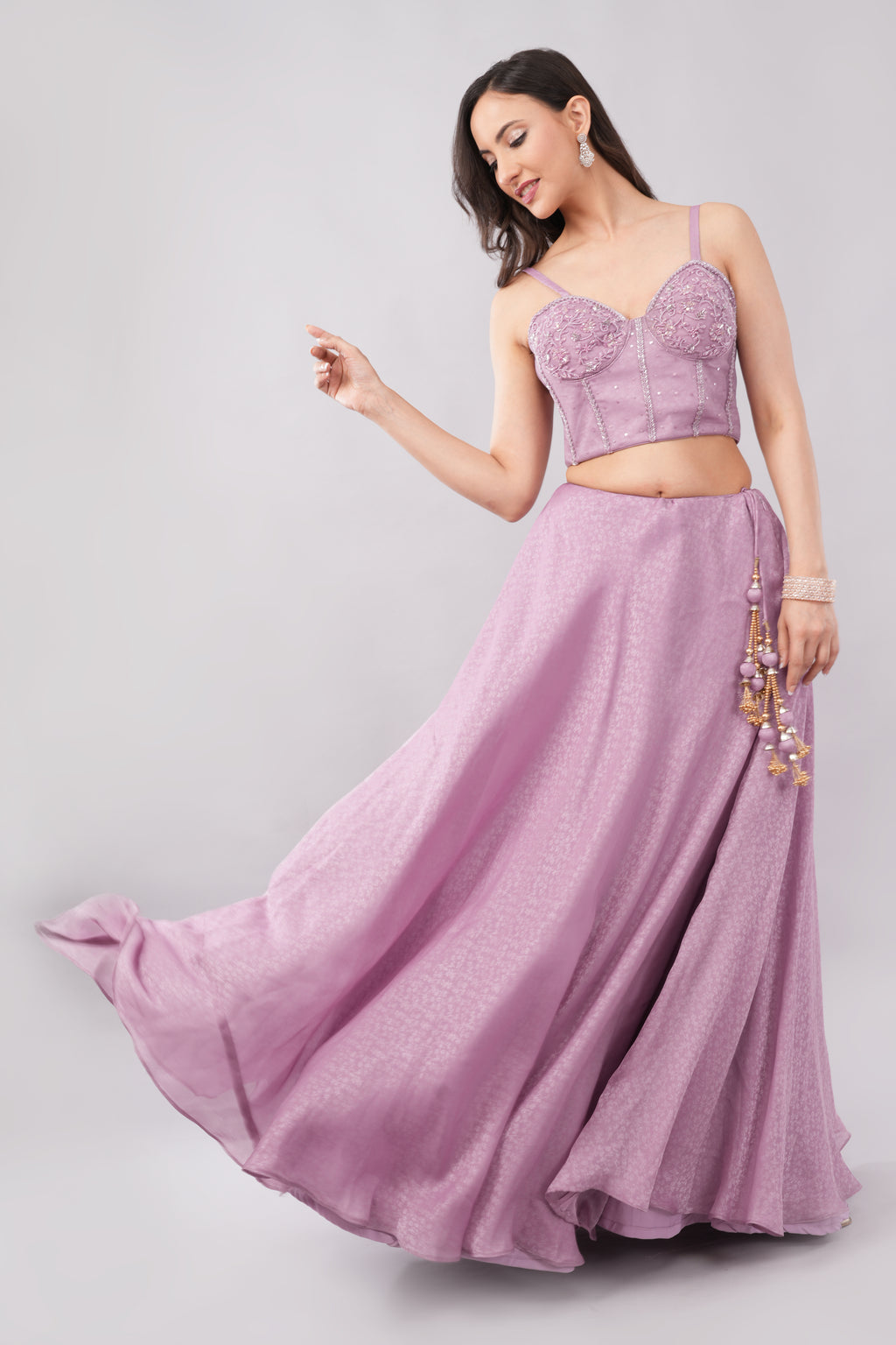 Elegant soft purple tissue lehenga with matching dupatta