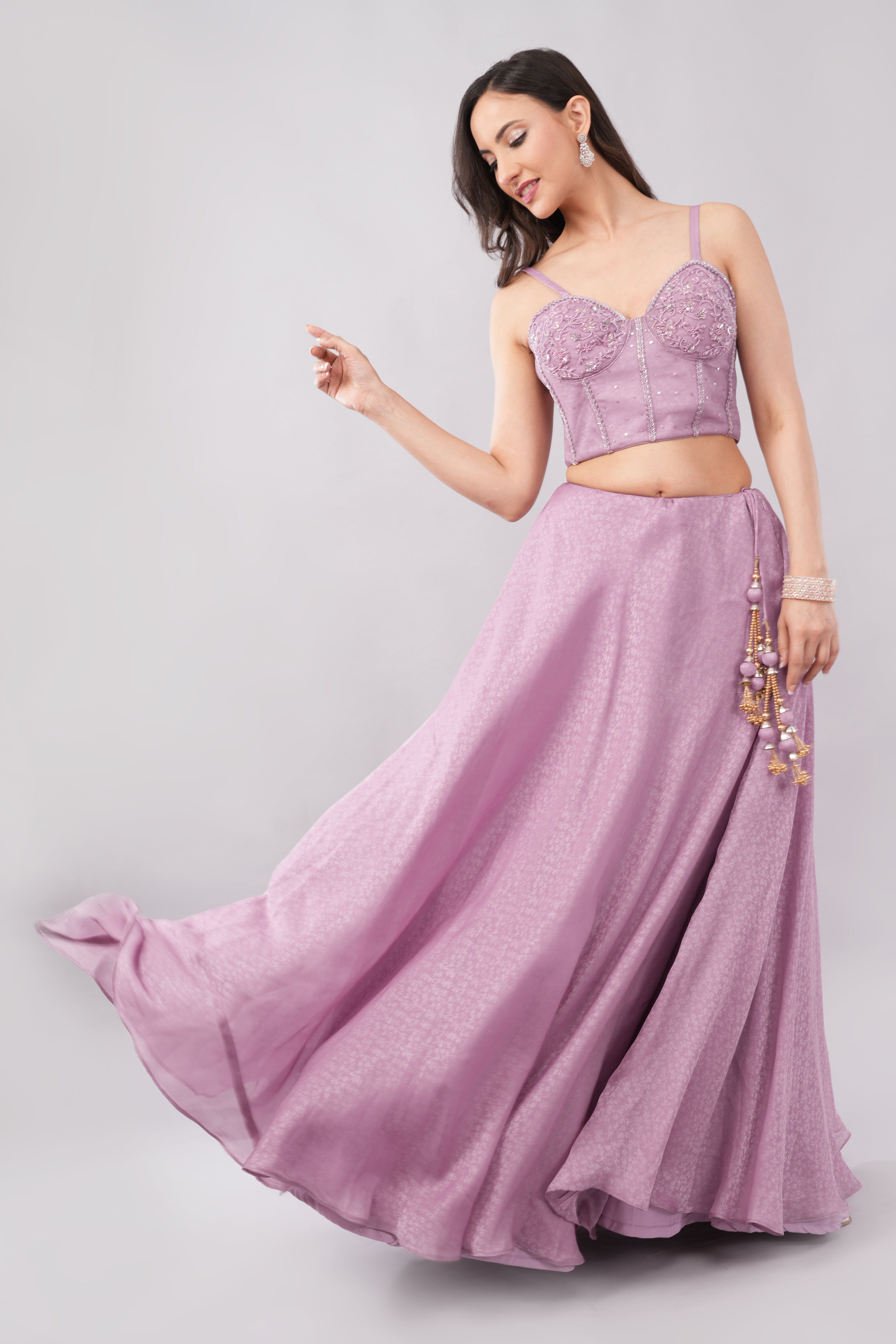 Elegant soft purple tissue lehenga with matching dupatta