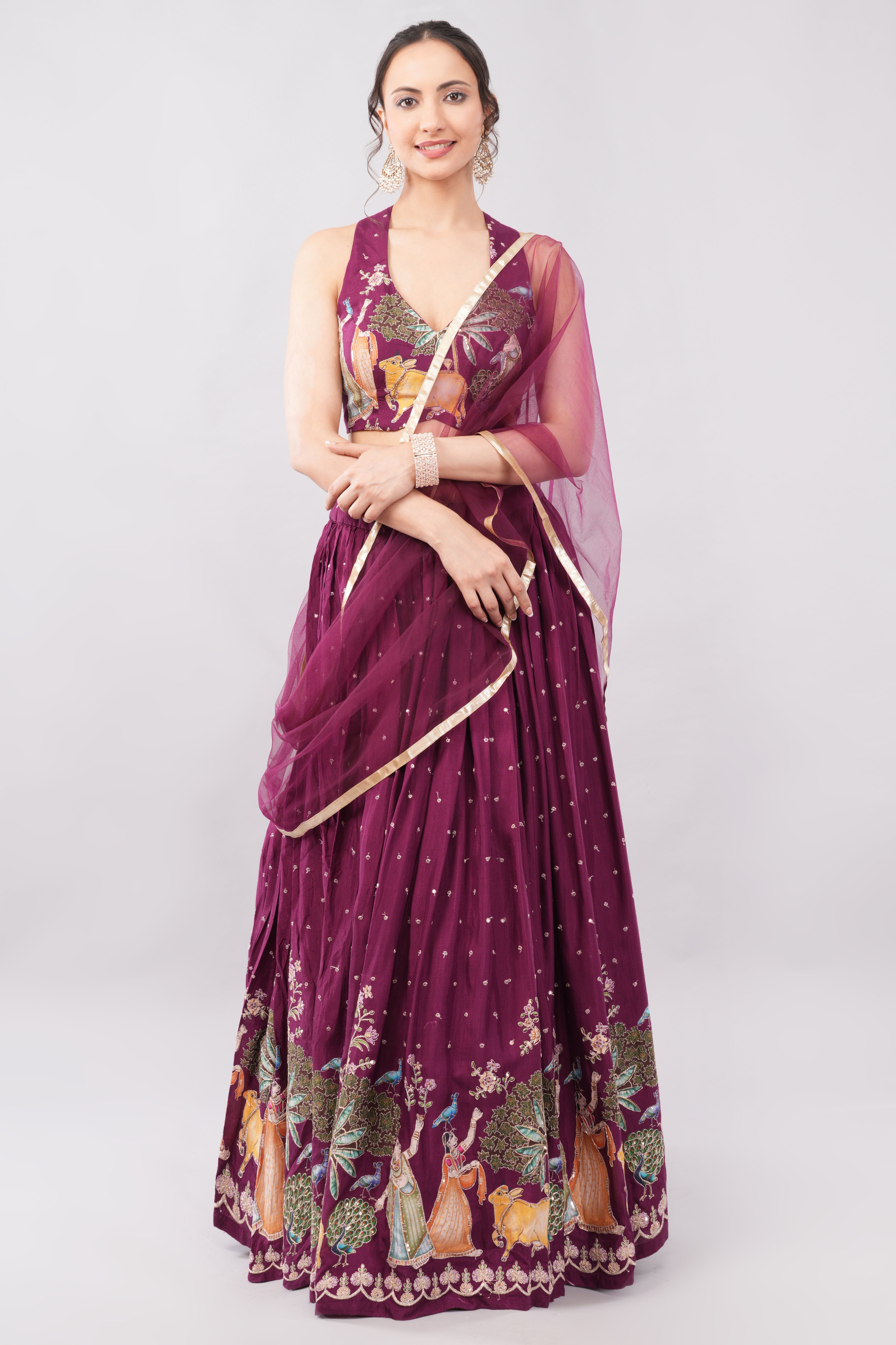 Mahroon Lehenga with Modern Stylish Blouse and Matching Dupatta