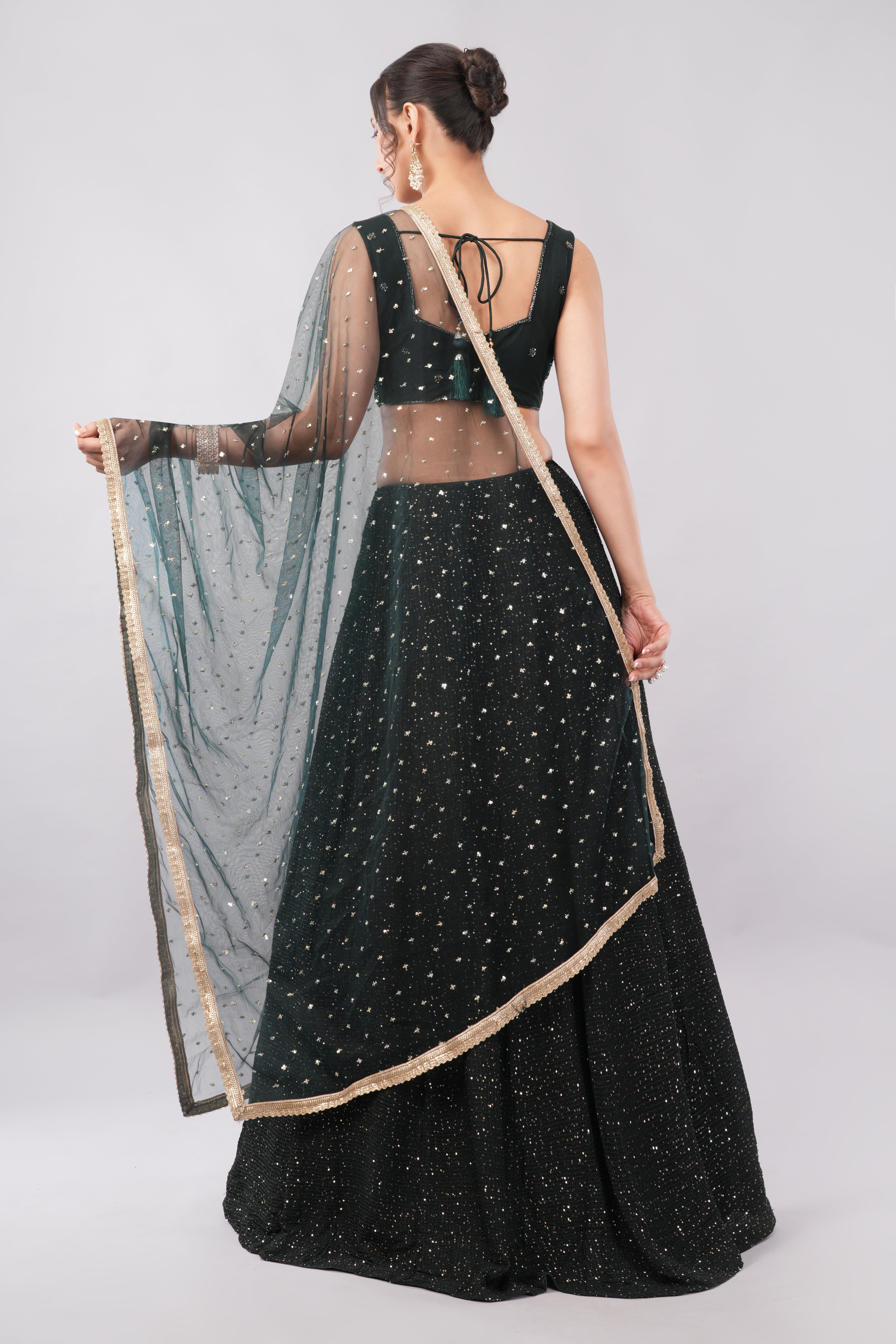 Luxury Midnight Black Sequin Lehenga Set with Sheer Dupatta