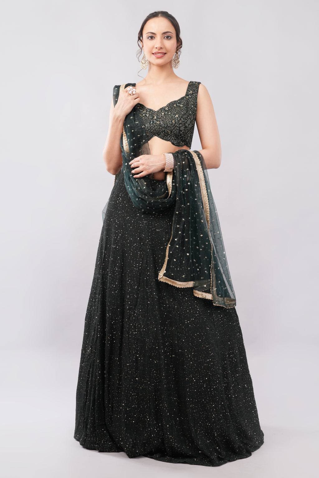 Luxury Midnight Black Sequin Lehenga Set with Sheer Dupatta