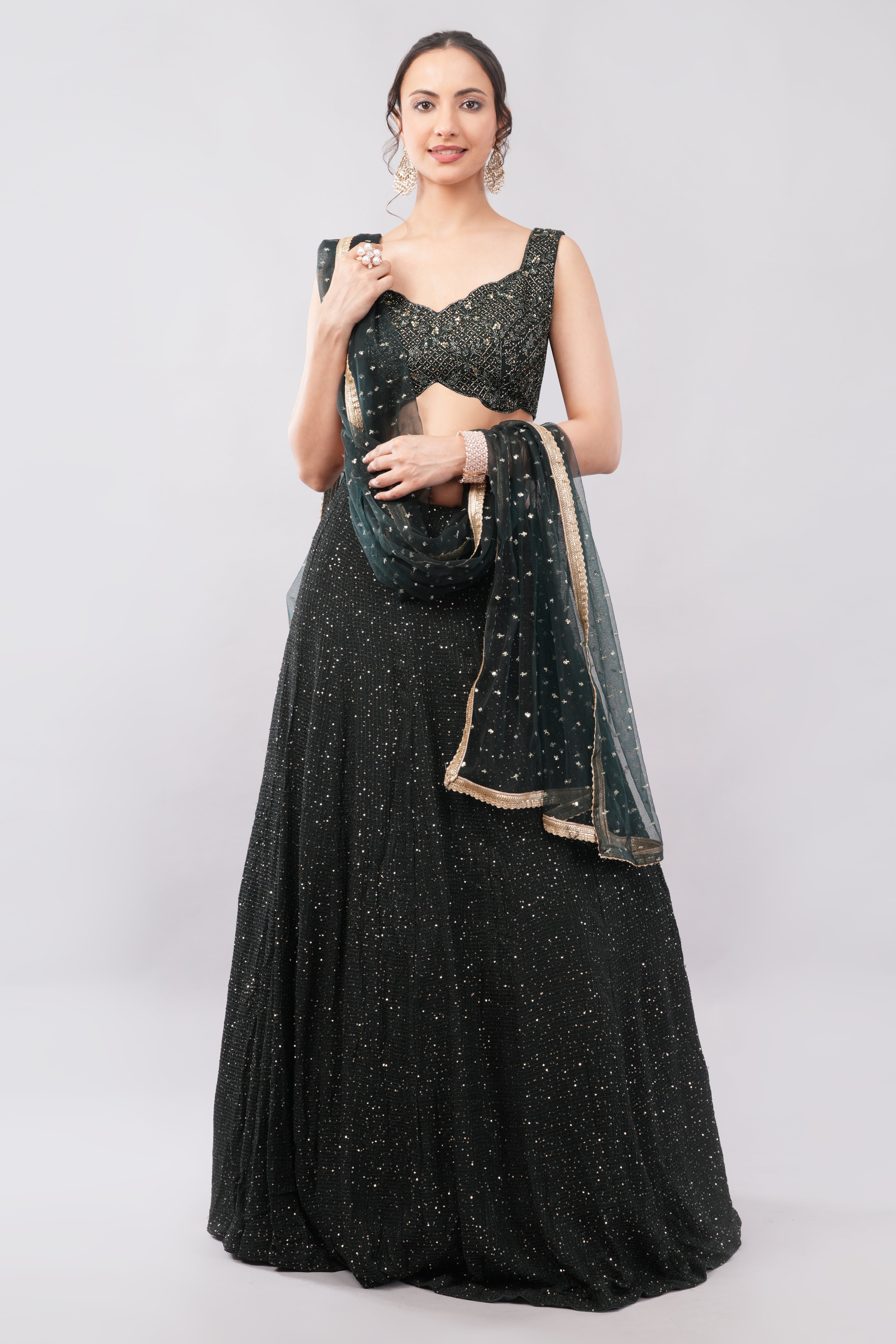 Luxury Midnight Black Sequin Lehenga Set with Sheer Dupatta