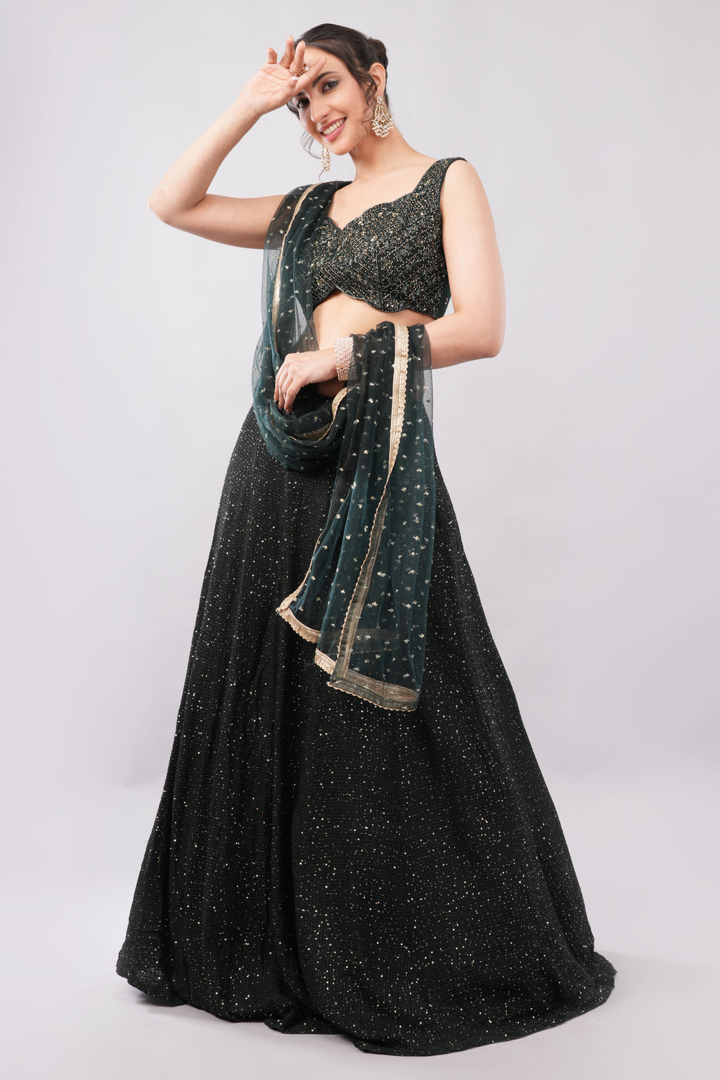 Luxury Midnight Black Sequin Lehenga Set with Sheer Dupatta