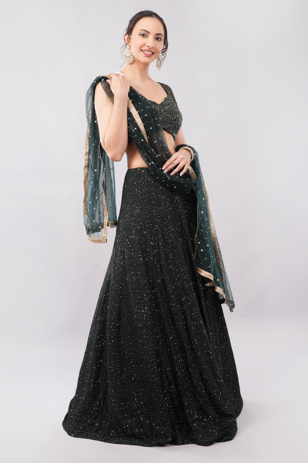 Luxury Midnight Black Sequin Lehenga Set with Sheer Dupatta