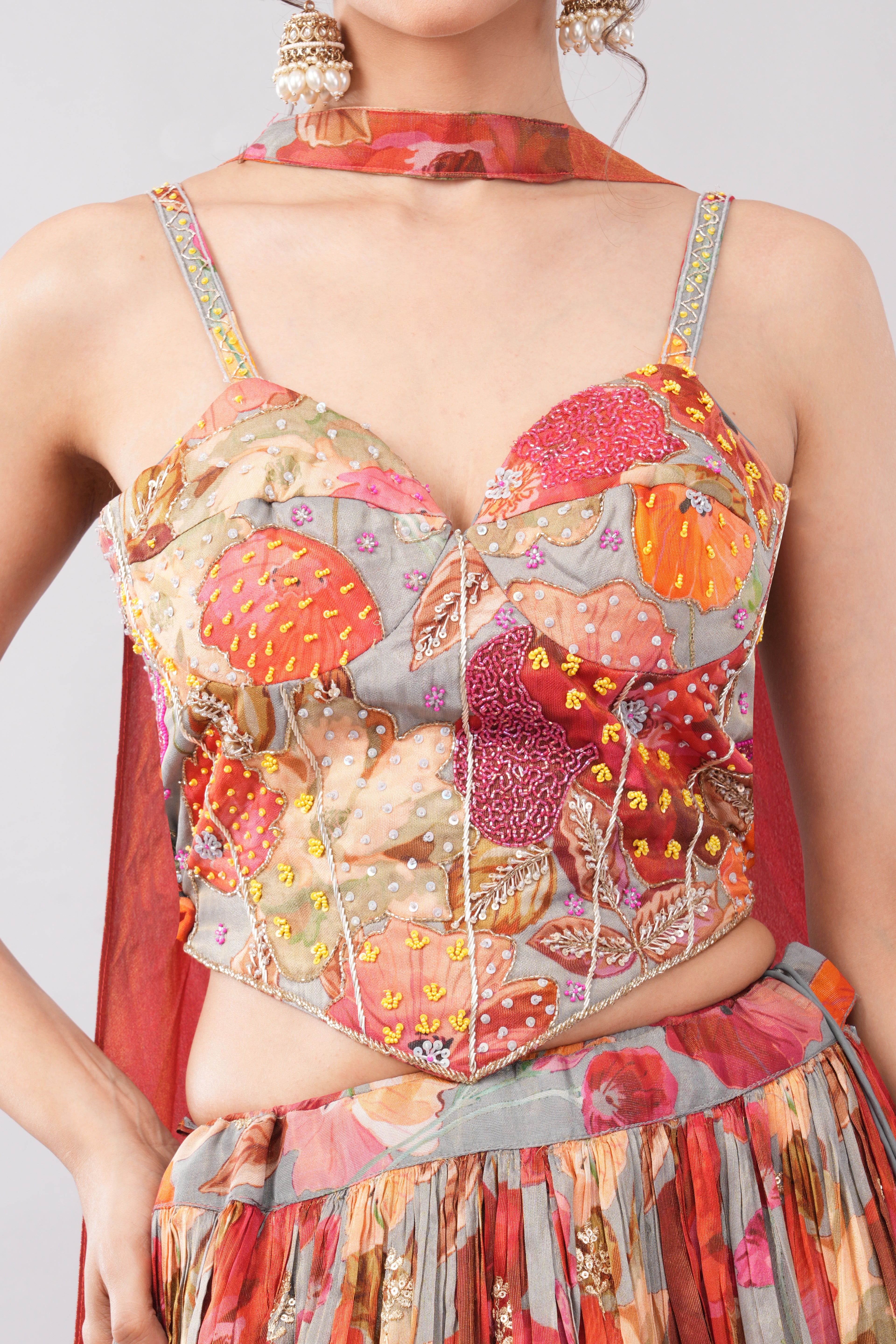 Multi color floral print crafted with choli and dupatta.