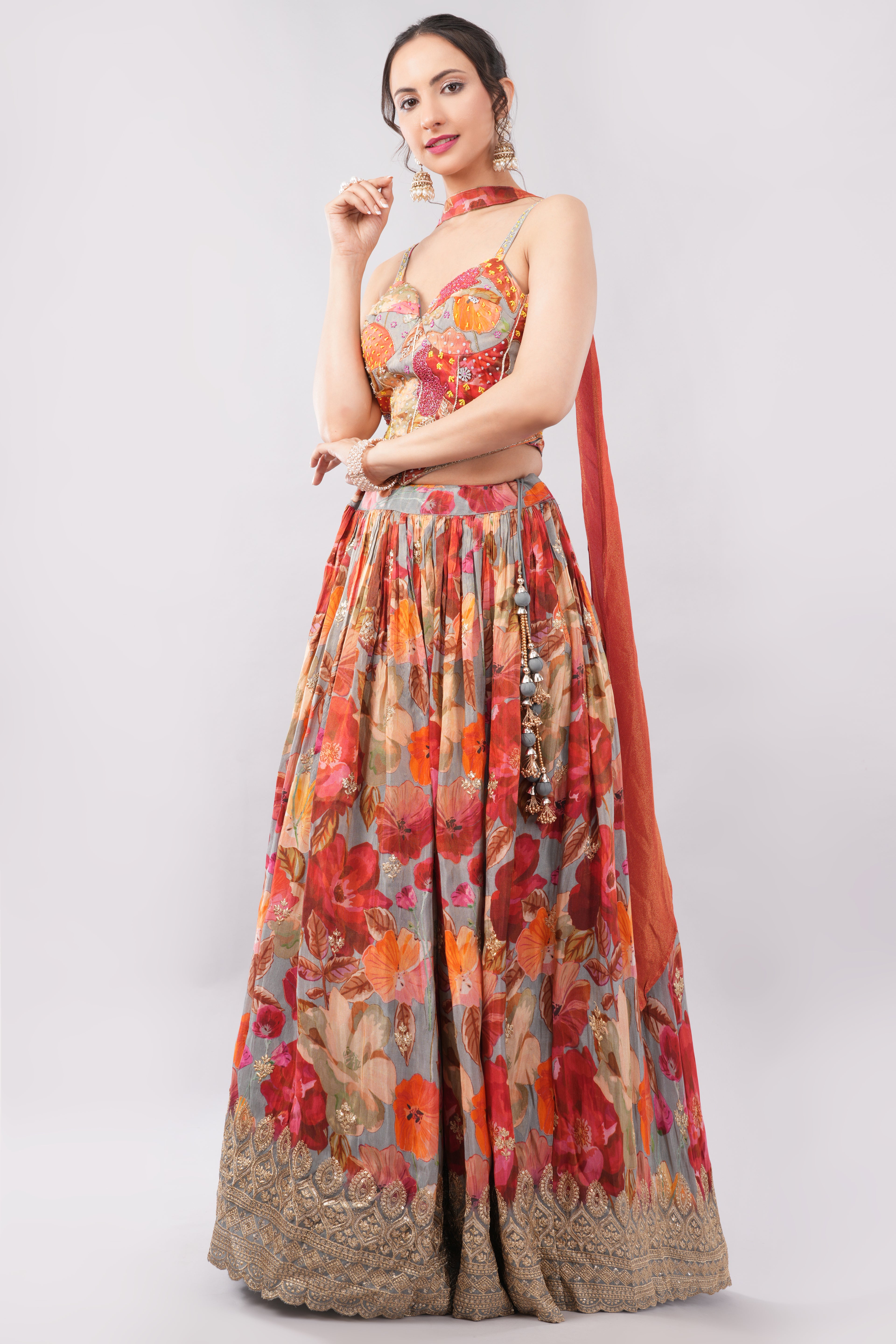 Multi color floral print crafted with choli and dupatta.
