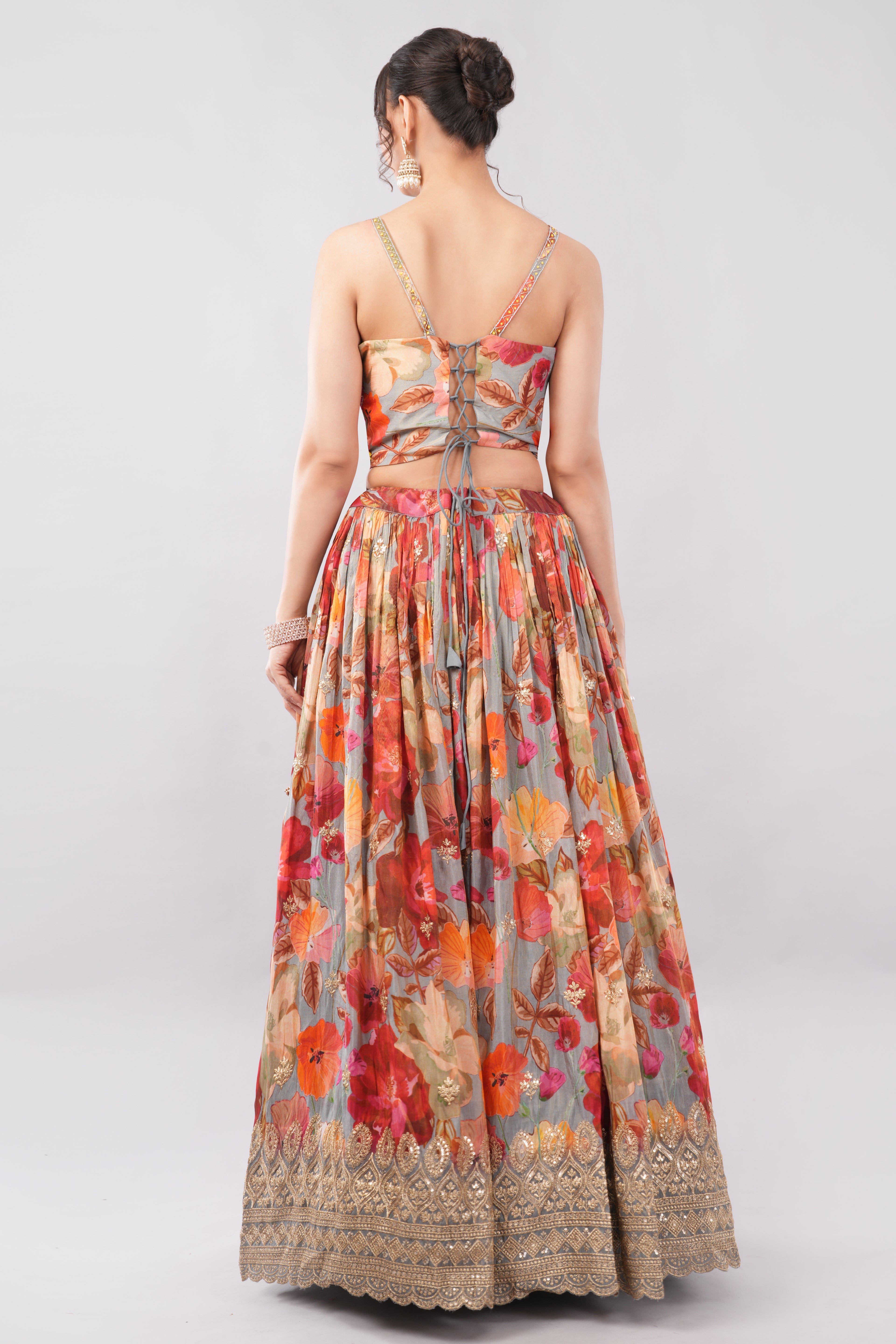 Multi color floral print crafted with choli and dupatta.