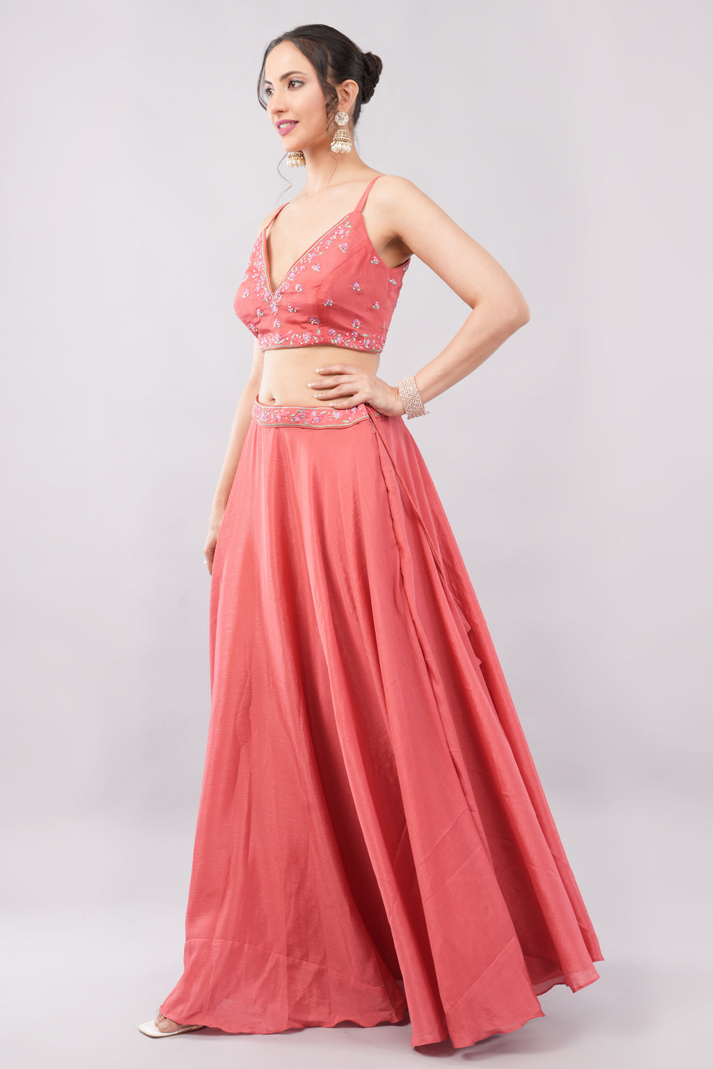 Sunset Coral Color Lehenga with Resham Thread, Sequence Work