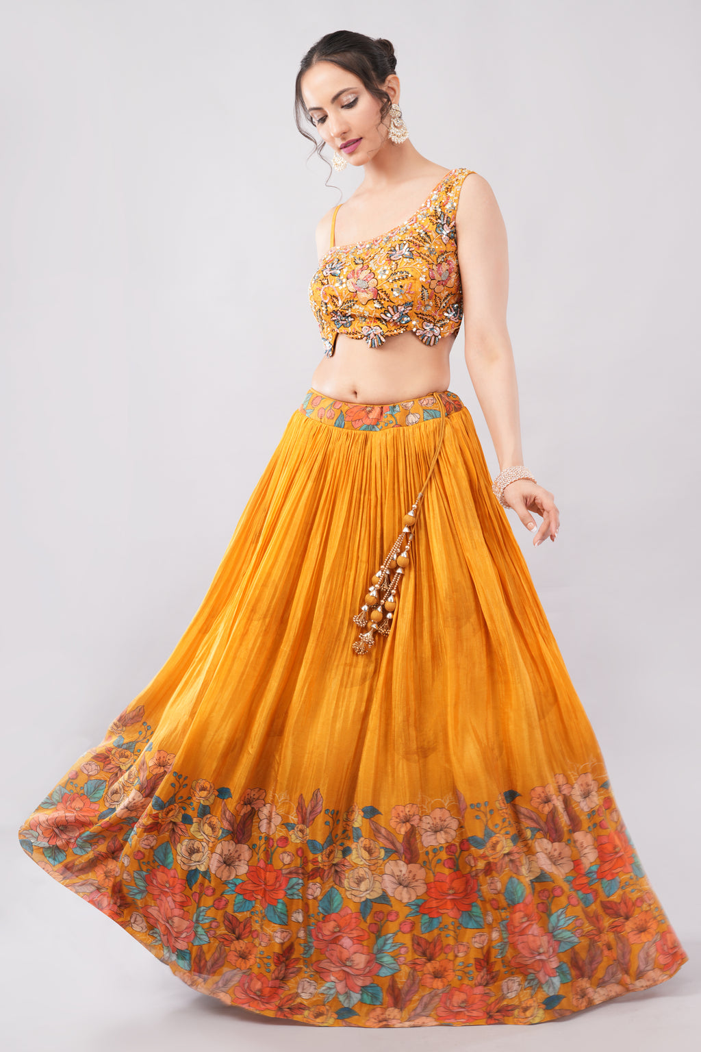 Mustard Crape Silk Blend Lehenga with Floral Print