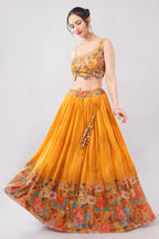 Mustard Crape Silk Blend Lehenga with Floral Print