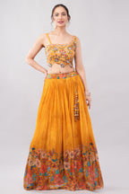 Mustard Crape Silk Blend Lehenga with Floral Print