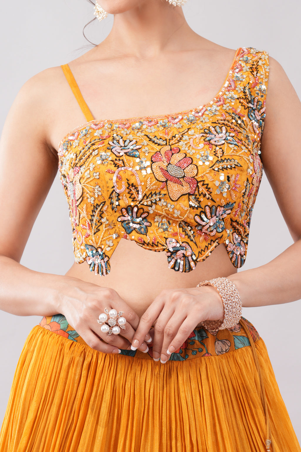 Mustard Crape Silk Blend Lehenga with Floral Print