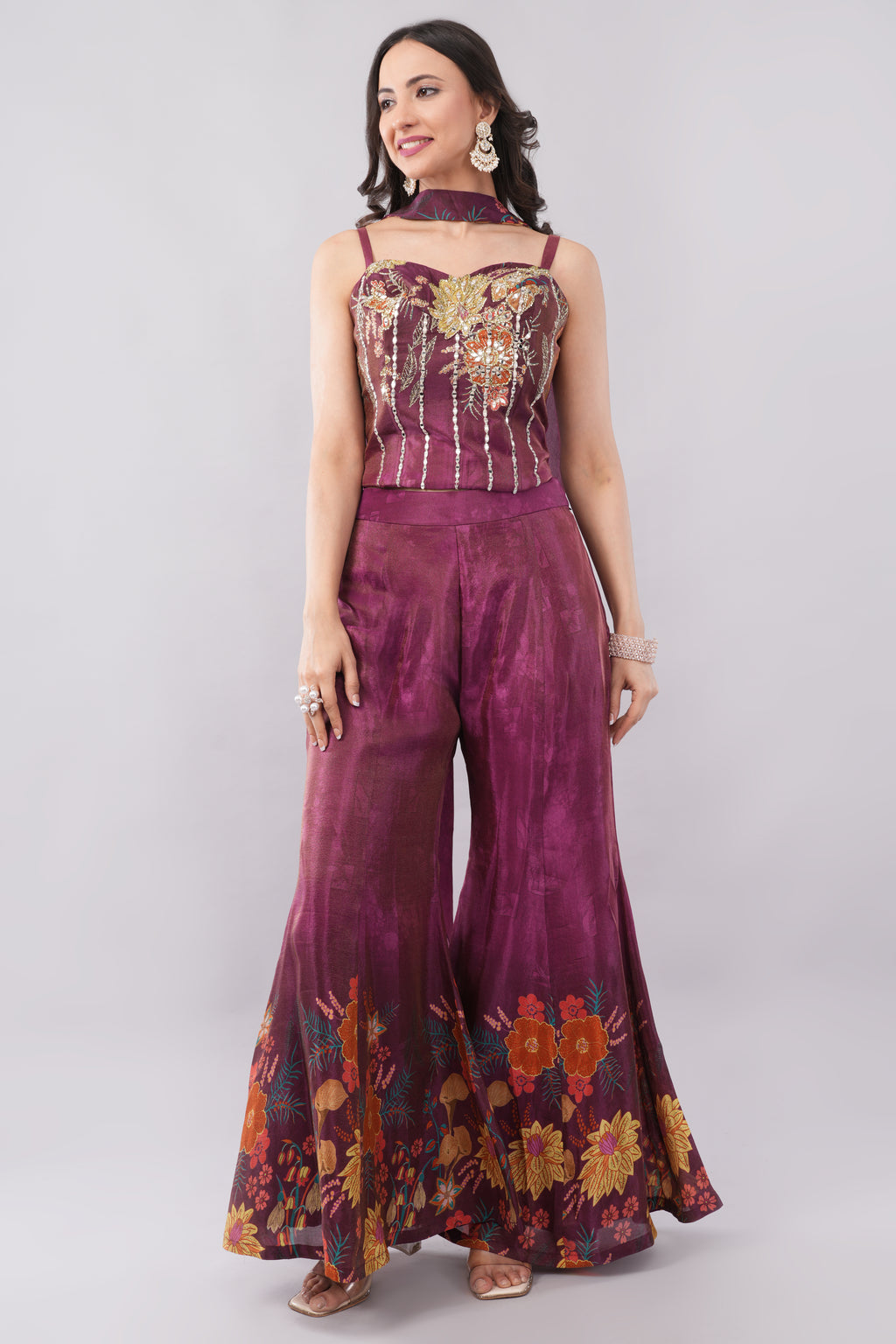 Sophisticated Burgundy Floral Print Palazzo Set with Hand Embroidery