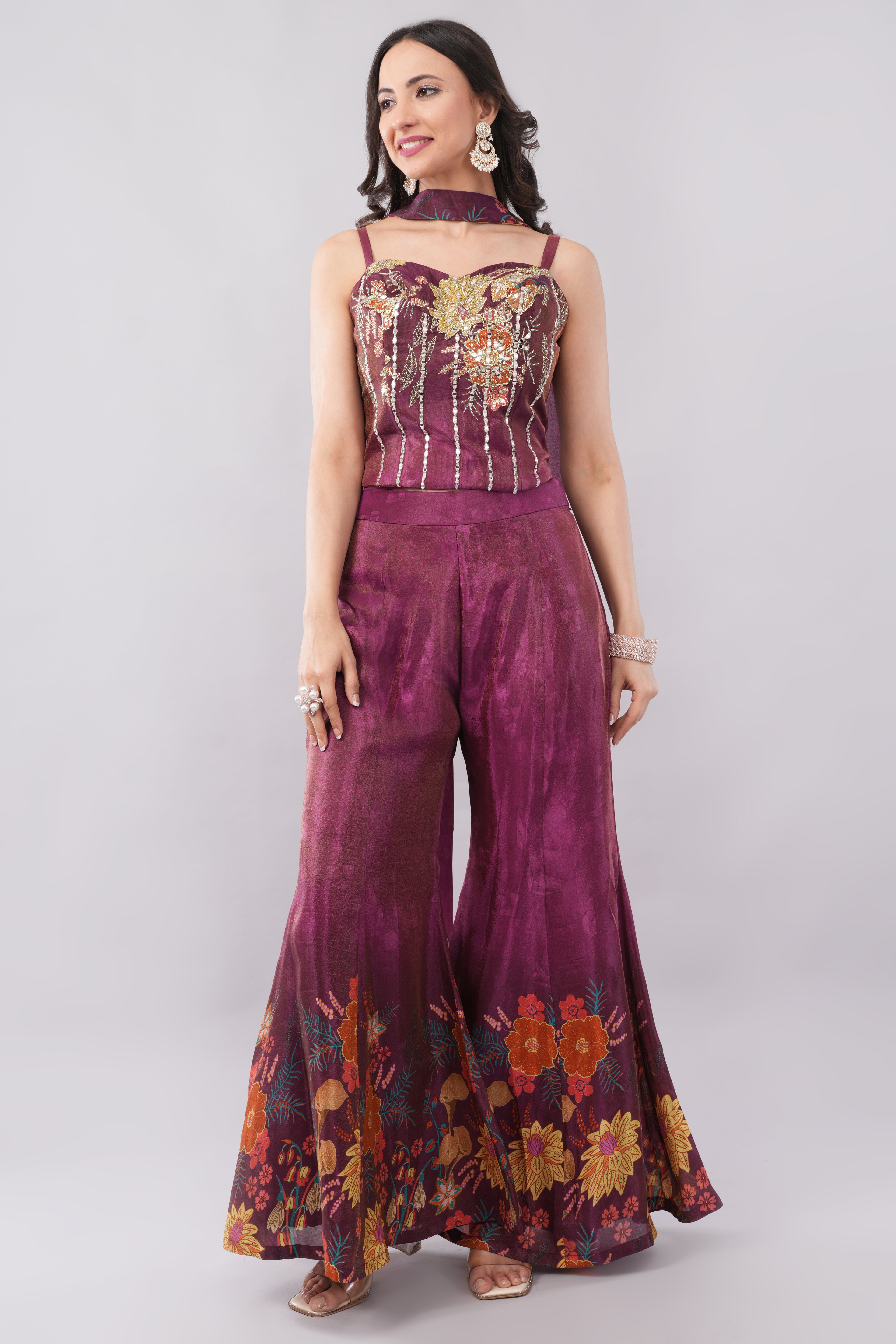 Sophisticated Burgundy Floral Print Palazzo Set with Hand Embroidery
