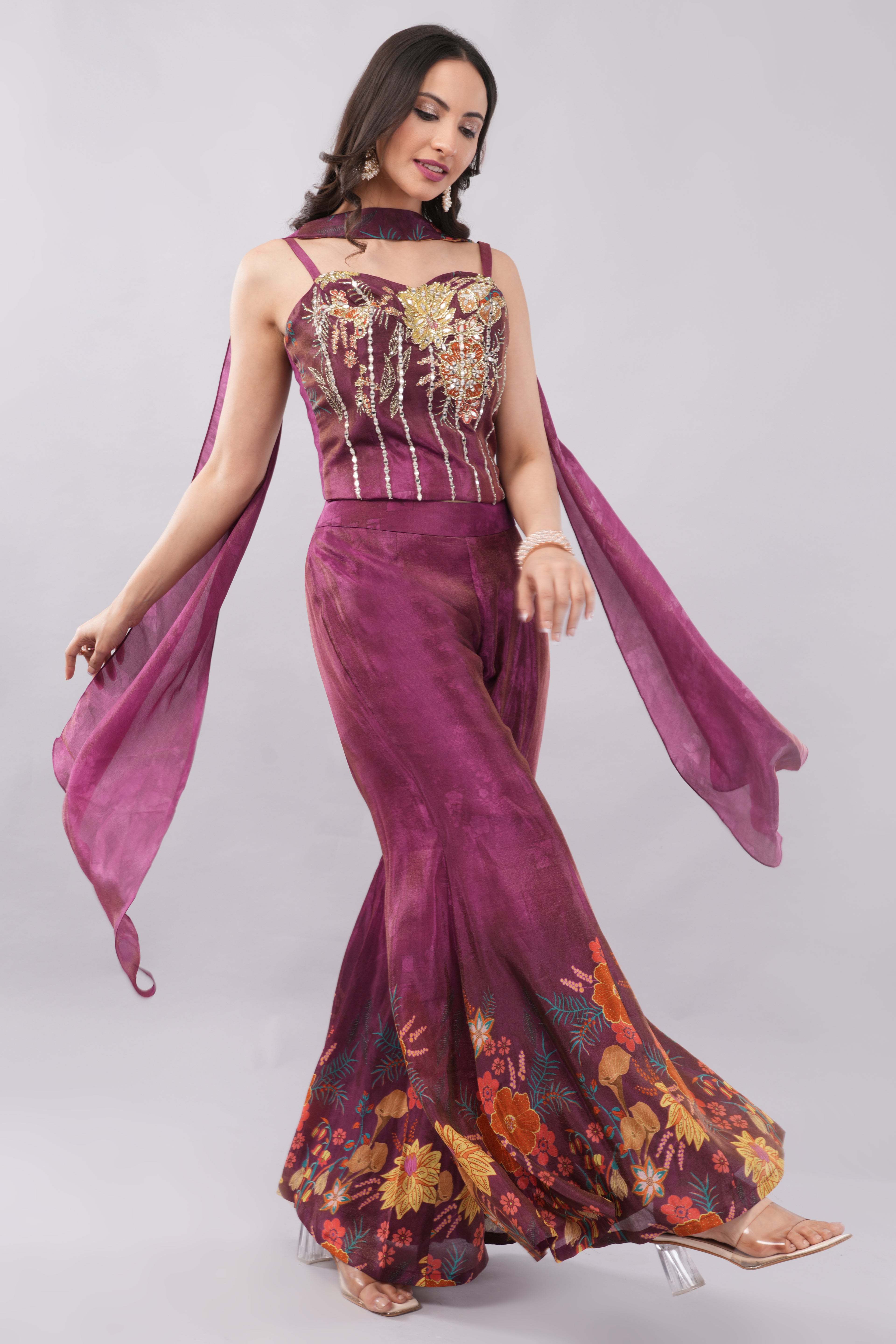 Sophisticated Burgundy Floral Print Palazzo Set with Hand Embroidery