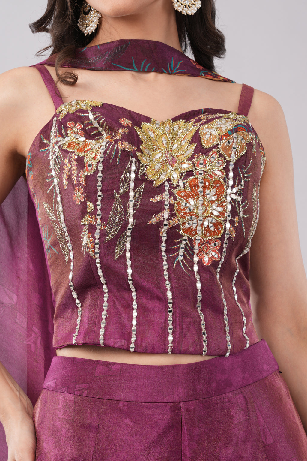 Sophisticated Burgundy Floral Print Palazzo Set with Hand Embroidery