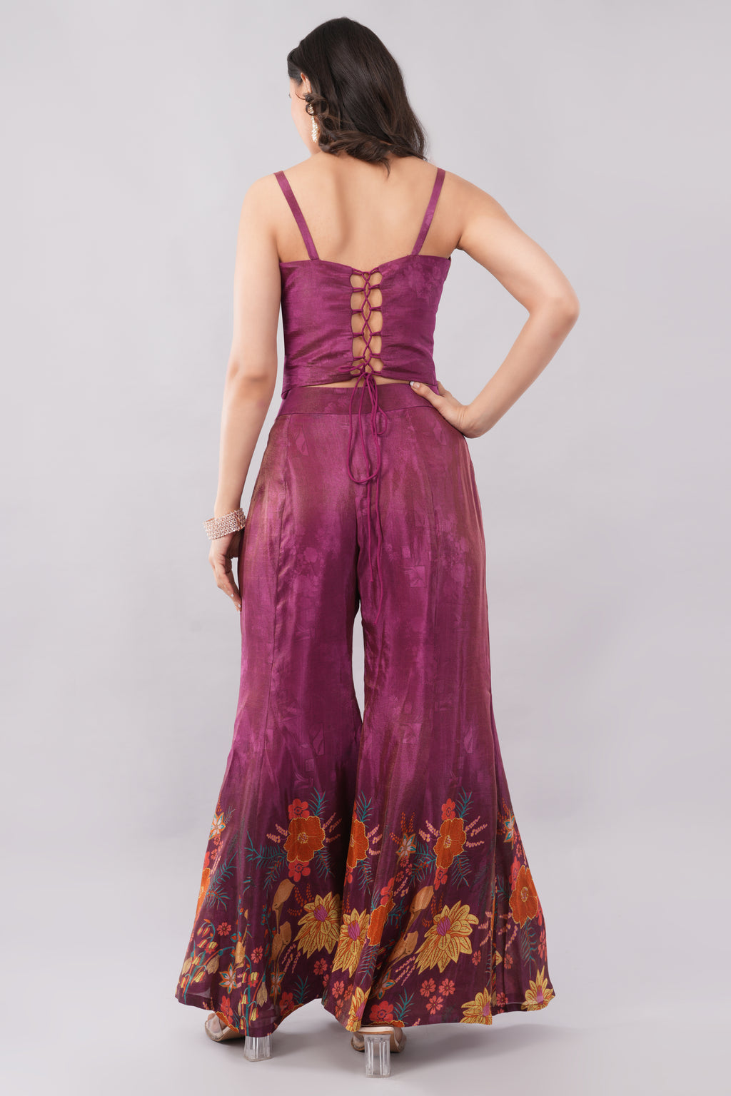 Sophisticated Burgundy Floral Print Palazzo Set with Hand Embroidery