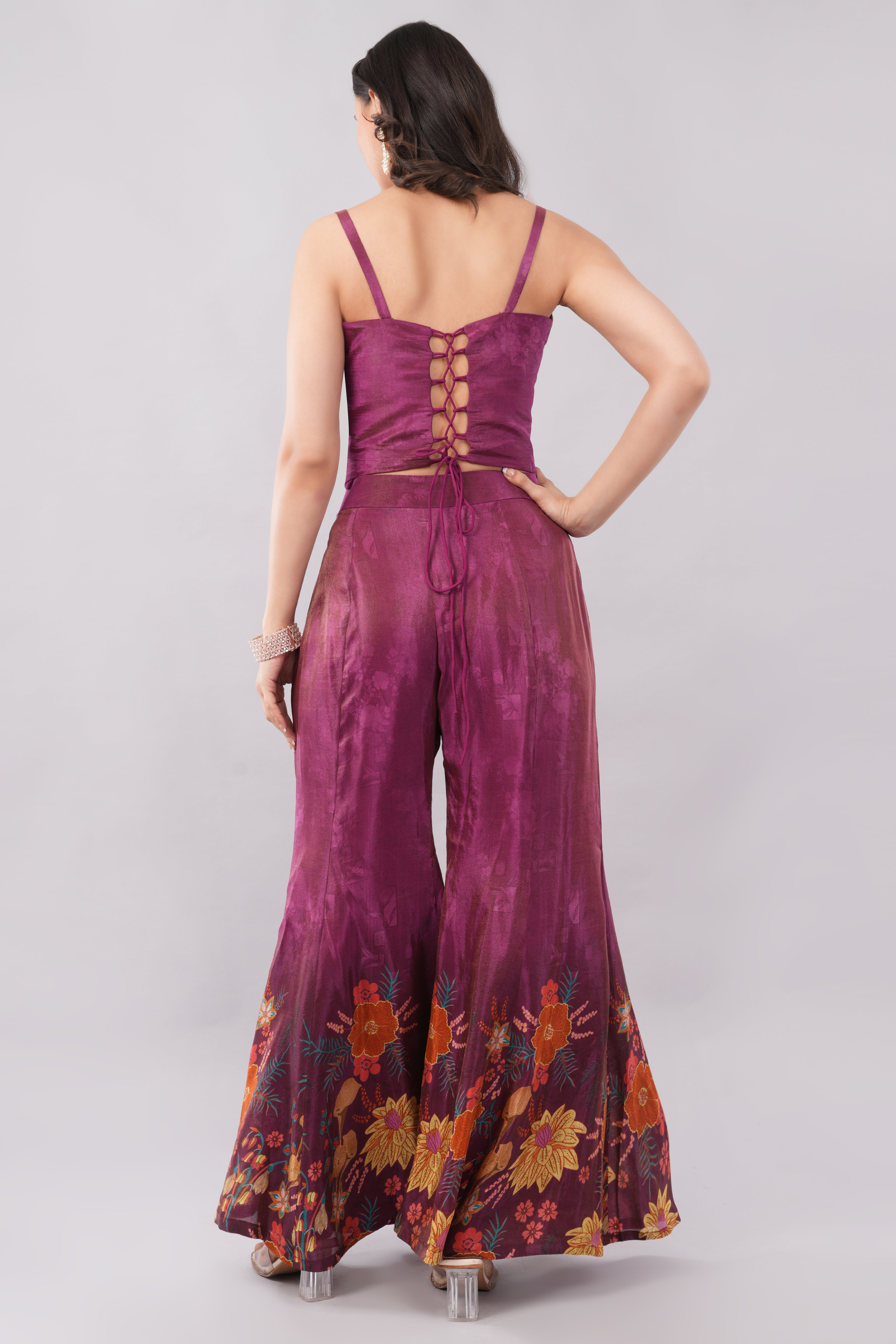 Sophisticated Burgundy Floral Print Palazzo Set with Hand Embroidery