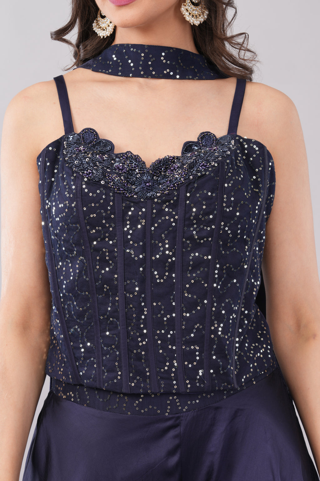 Royal Blue Palazzo Set with Shiny Sequin Work Blouse for Women
