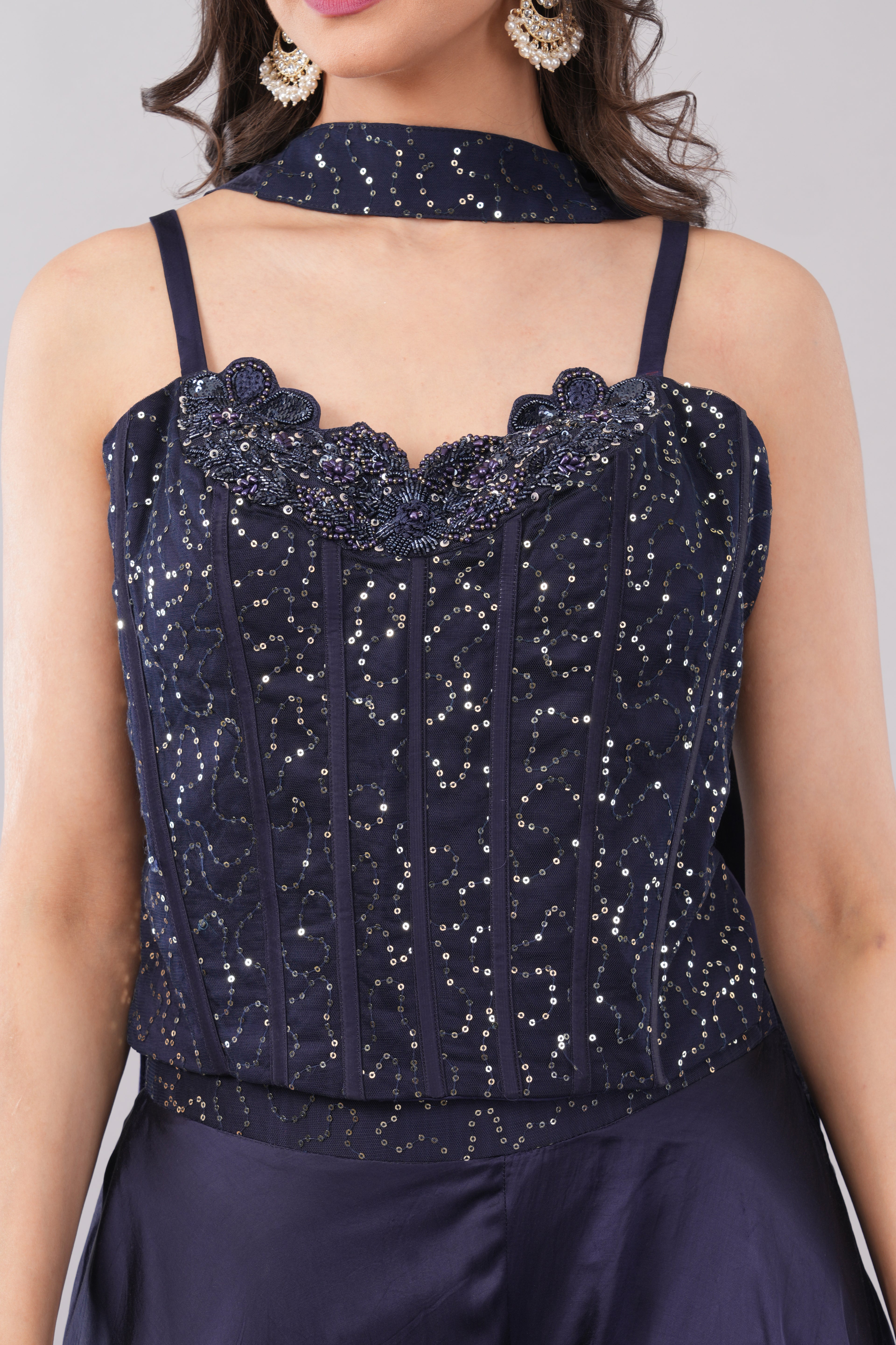 Royal Blue Palazzo Set with Shiny Sequin Work Blouse for Women
