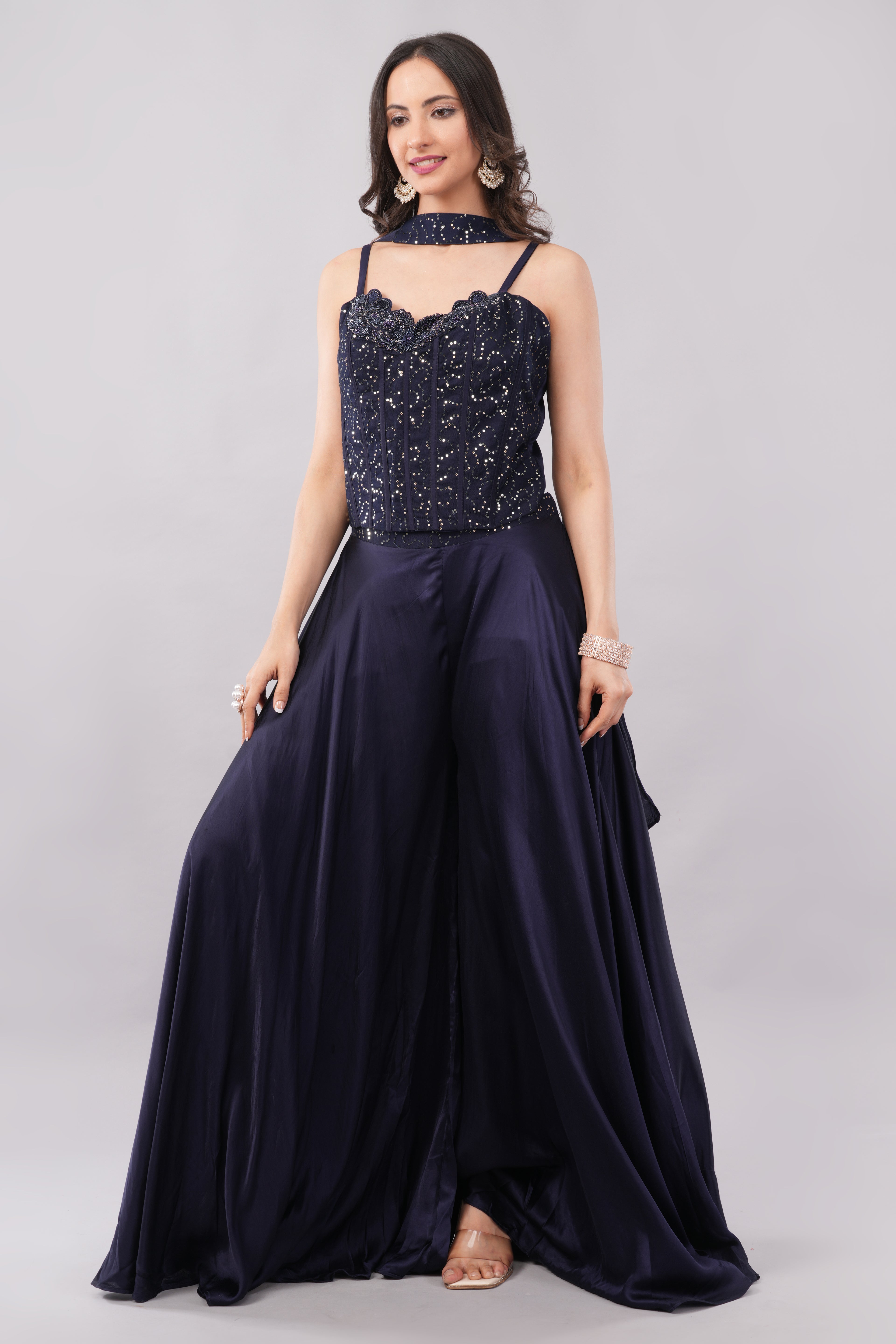 Royal Blue Palazzo Set with Shiny Sequin Work Blouse for Women
