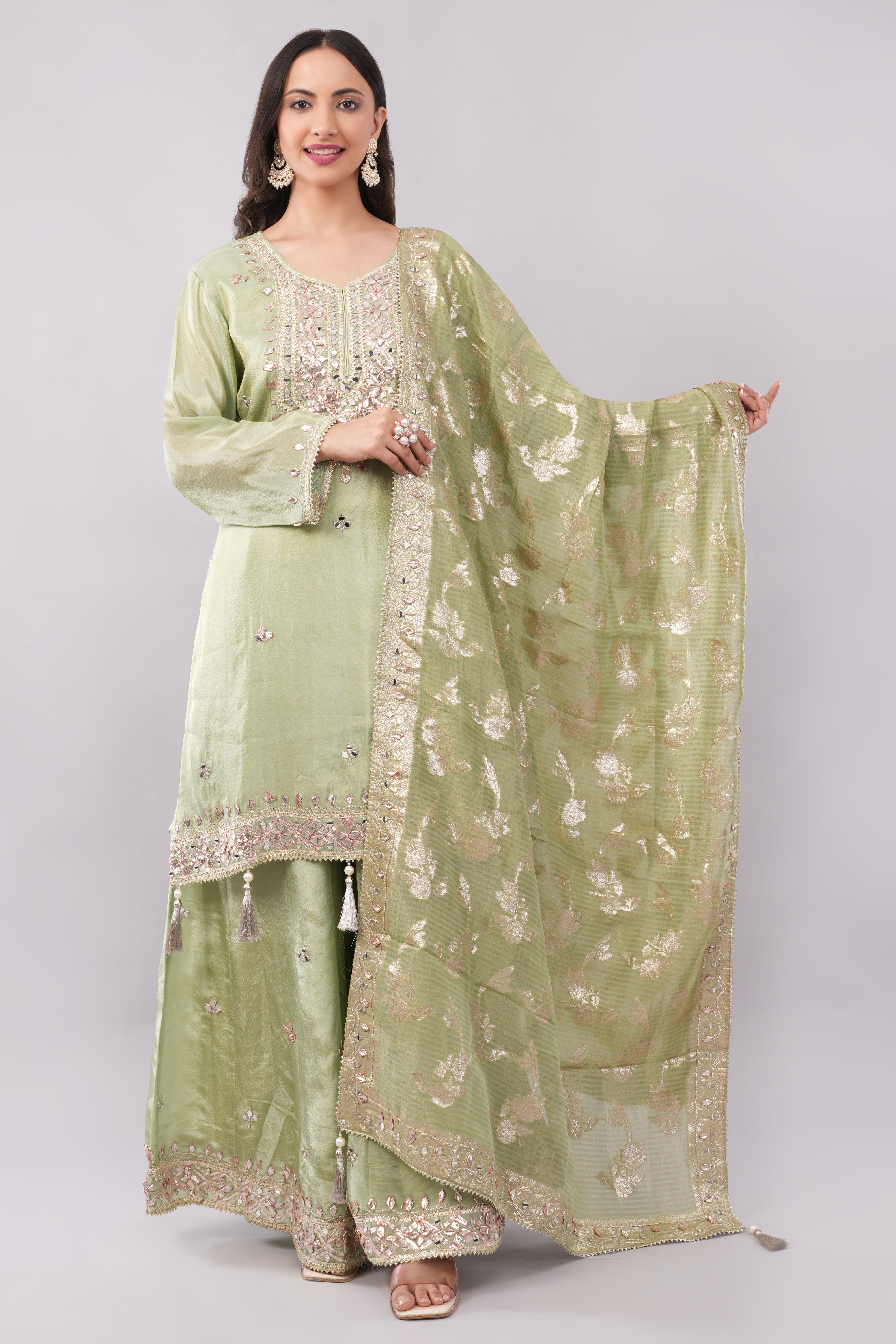 Olive green silk suit with heavy work dupatta Main image