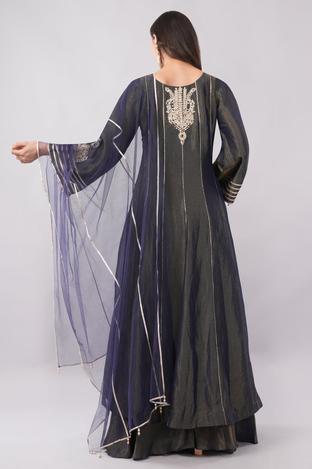 Elegant Midnight Navy Embroidered Anarkali Suit Set with Sheer Dupatta
