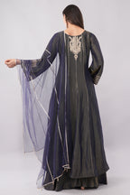 Elegant Midnight Navy Embroidered Anarkali Suit Set with Sheer Dupatta